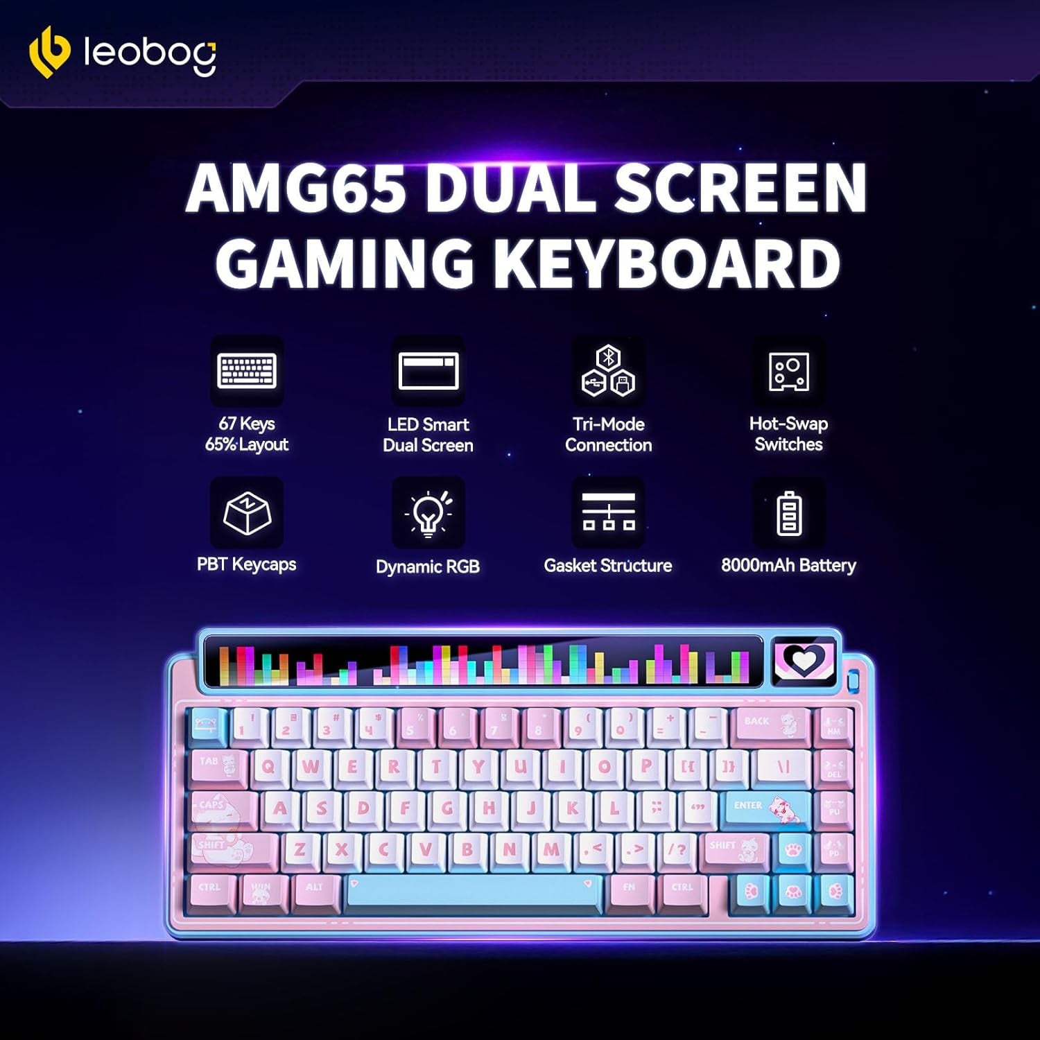 X Aula AMG65 Mechanical Gaming Keyboard W/Dual Screen, 65% Wireless Small Custom Keyboard Rgb,Bluetooth/2.4G/Wired, Rapid Trigger, Hot Swappable for Windows Laptop PC Mac - Pink/Blue