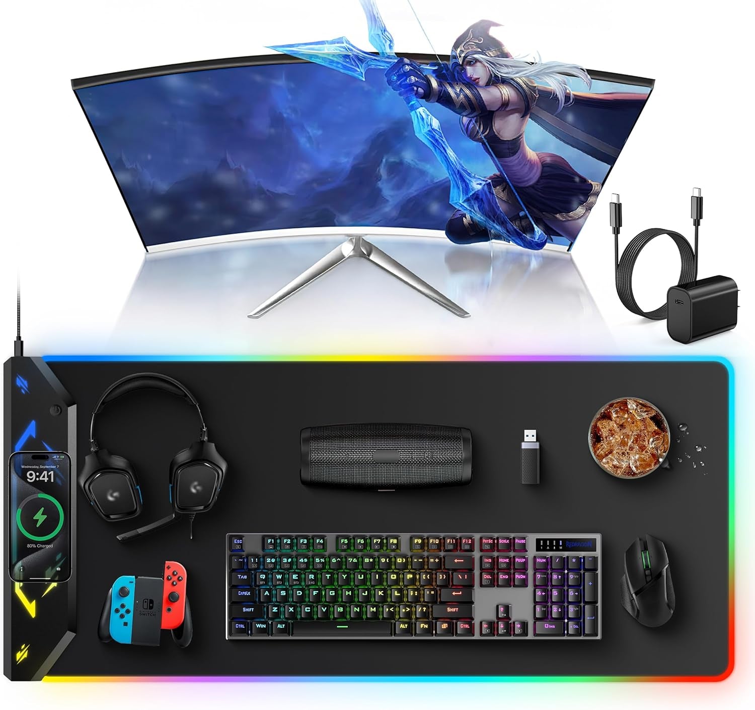 Wireless Charging Mouse Pad, RGB Gaming Mousepad, 35.4" X 15.8" Extra Large Waterproof Keyboard Desk Pad, Cool Computer Desk Mat, Black (Includes 20W PD Power Adapter & 6.56Ft Woven Cable)