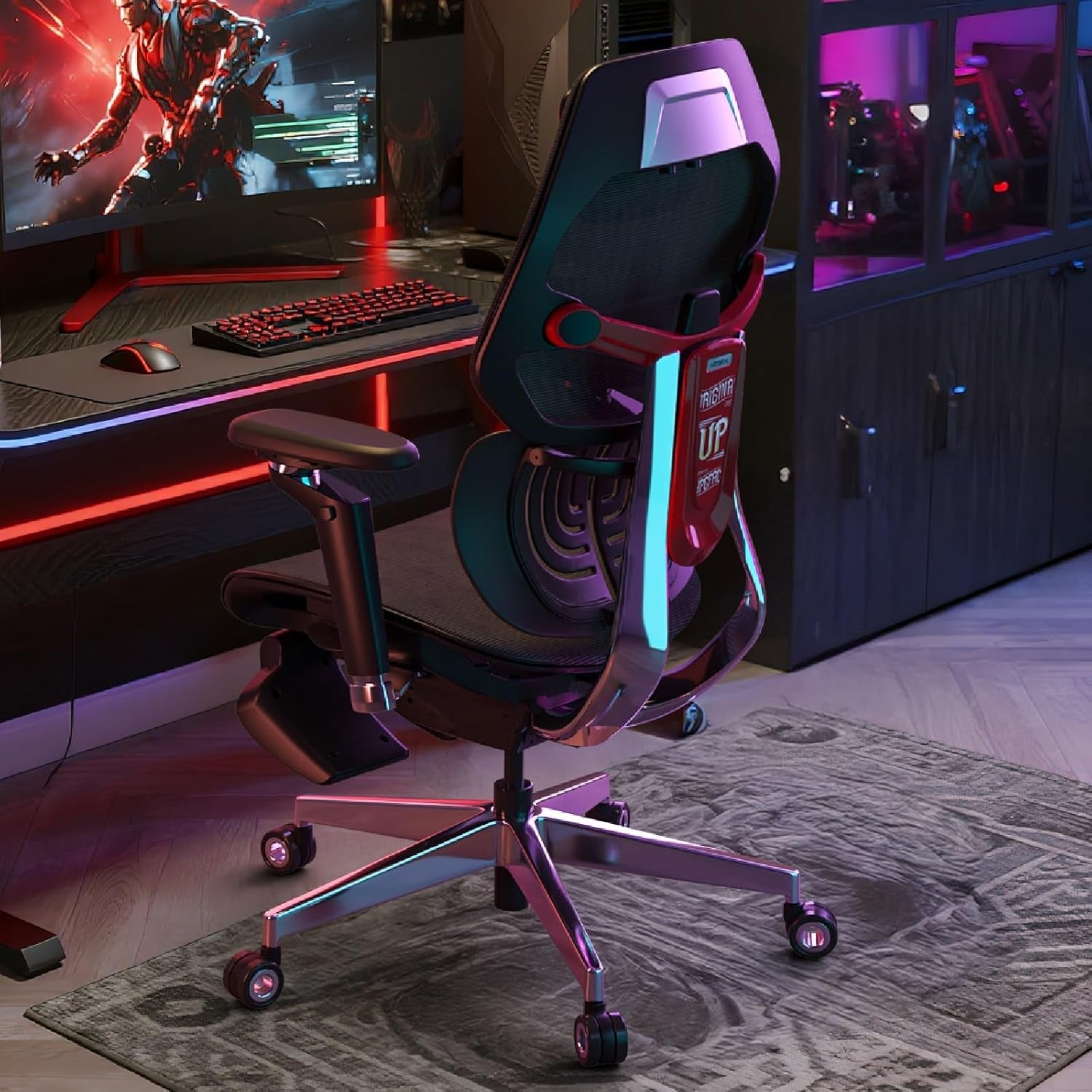ES2T Computer Desk Gaming Chair with 2-Piece Protrusion Adjustable Lumbar Support Trackmaster 6D Armrest Height Adjustable with 2D Leather Headrest 136° Tilt for Office and Gaming