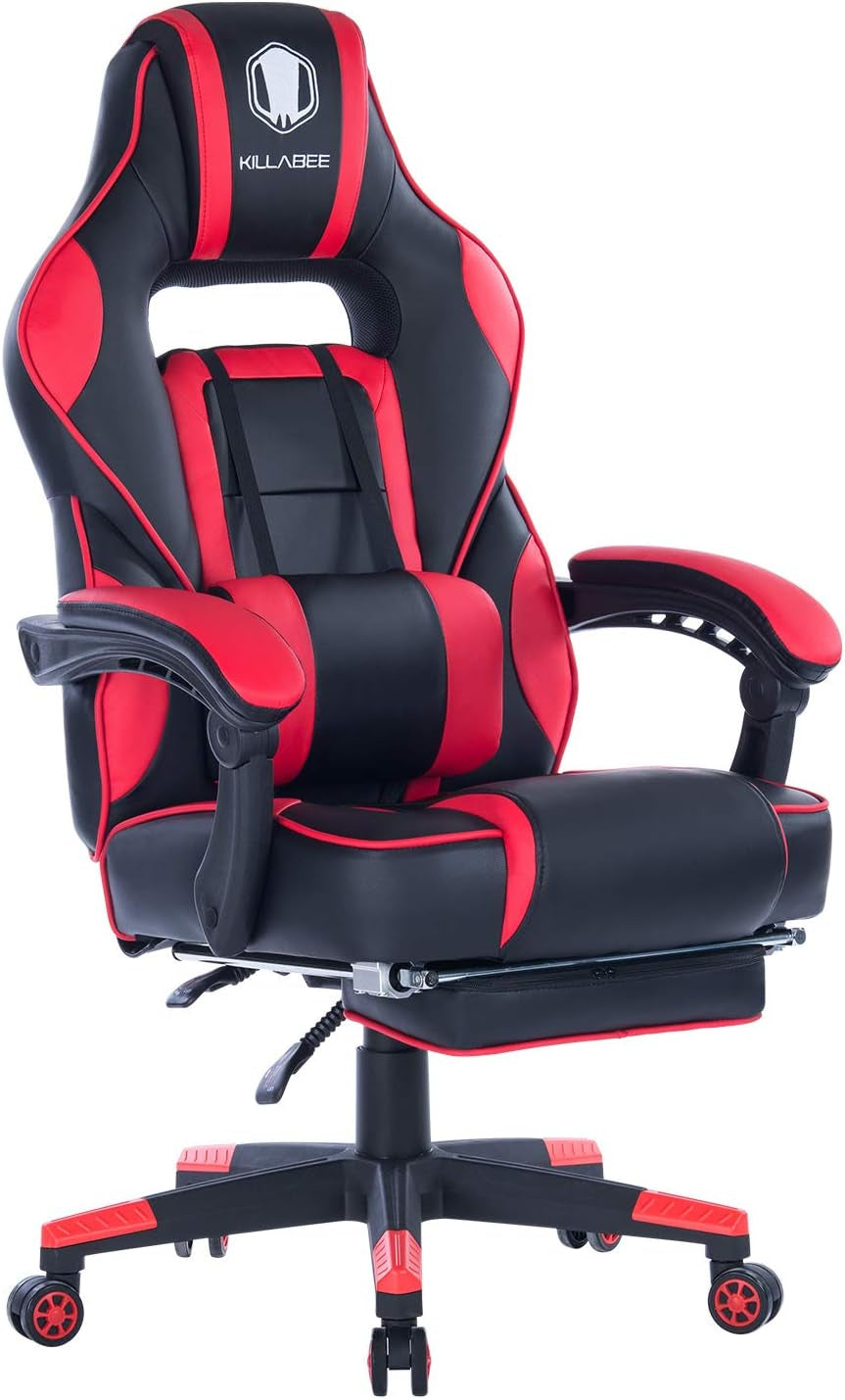 Massage Gaming Chair High Back PU Leather PC Racing Computer Desk Office Swivel Recliner with Retractable Footrest and Adjustable Lumbar Support, Red/Black