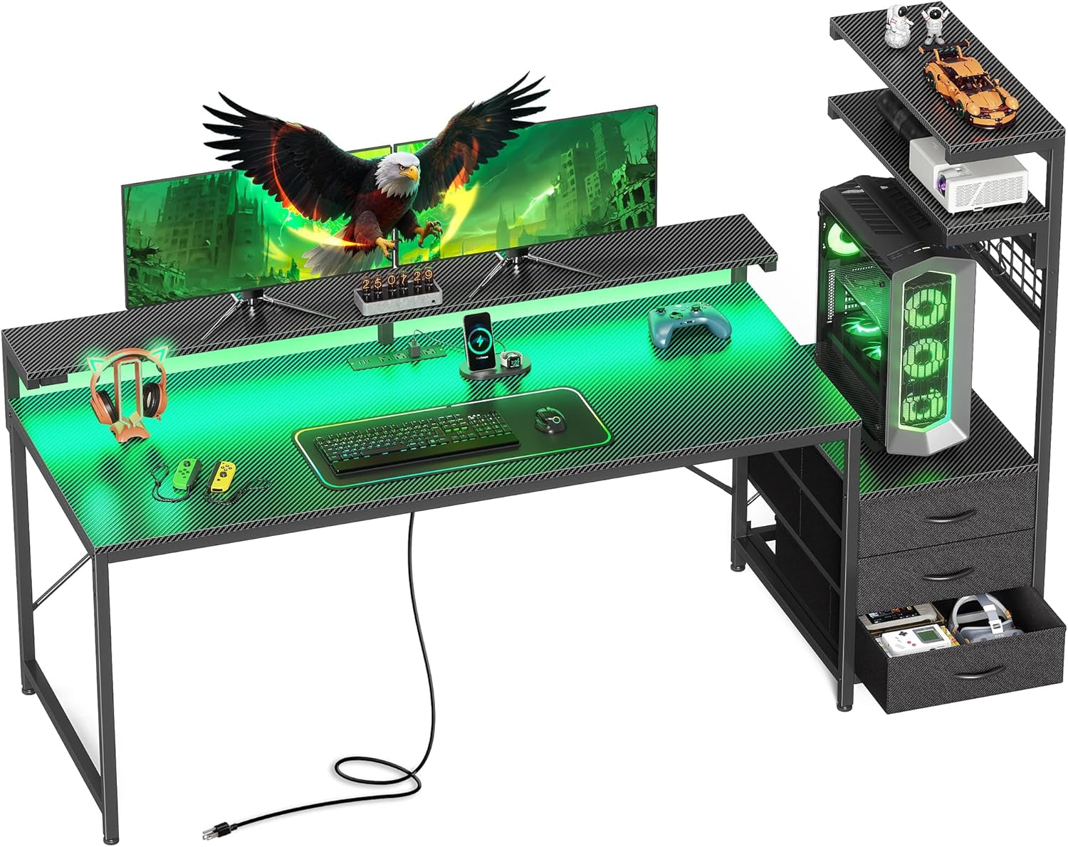 68" Gaming Desk with LED Lights & Outlets, Computer Desk with 3 Fabric Drawers, PC Desk with PC Case Stand & Movable Storage Shelves, Monitor Stand, Reversible, Carbon Fiber Black