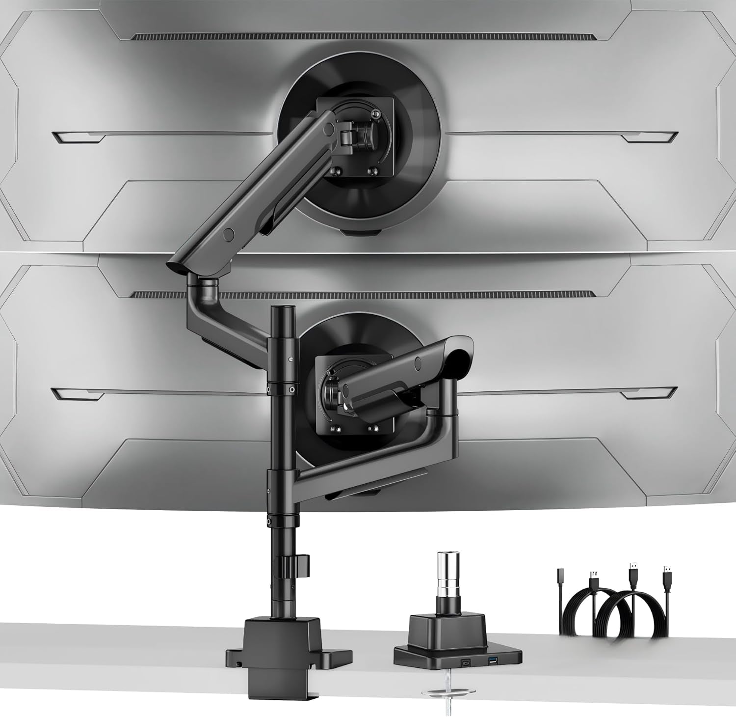 Sleek Aluminum Monitor Arm for 17–57” Ultrawide Screens up to 59 Lbs, USB 3.0 A/C, Heavy Duty Dual Monitor Arm Desk Mount, Pneumatic Lift, Quick-Release Plate, Clamp/Grommet, Max VESA 100X100