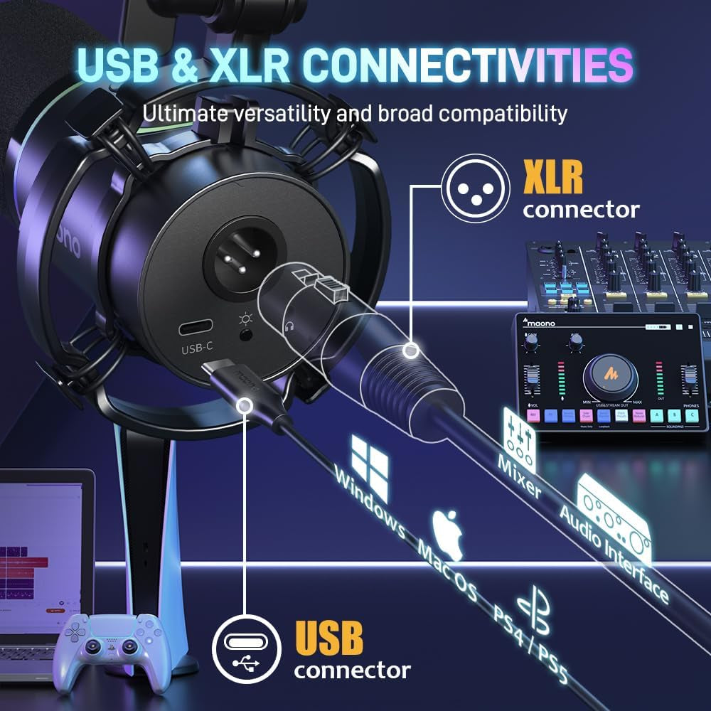 XLR/USB Dynamic Microphone, RGB Gaming Mic with Software, Mute, Gain Knob, Volume Control and Headphone Jack for Streaming, Podcasting, Recording-Pd200X (Black)