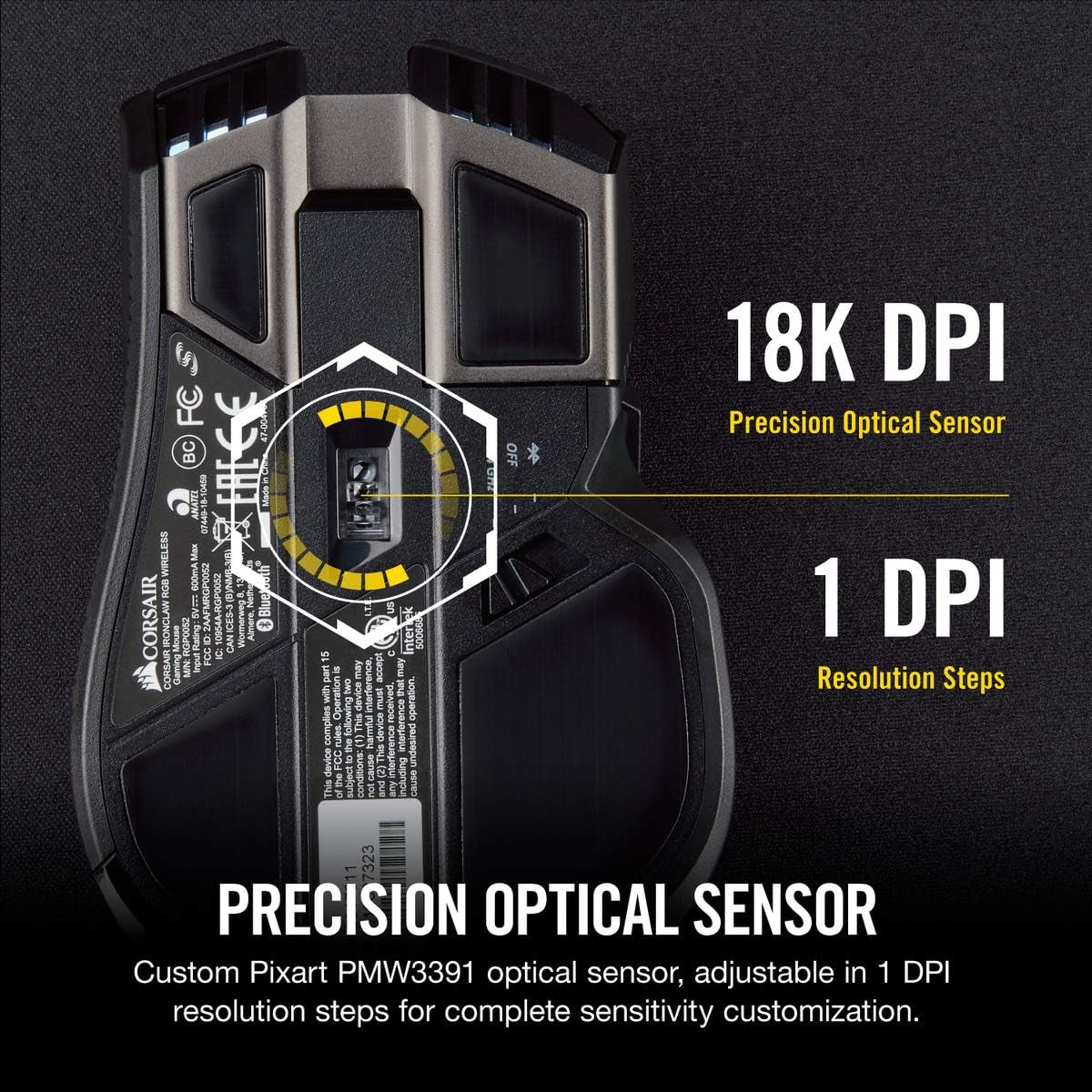 IRONCLAW WIRELESS RGB Rechargeable Gaming Mouse with Slipstream Technology - 18,000 DPI - 3-Zone RGB Multi-Color Backlighting - Black