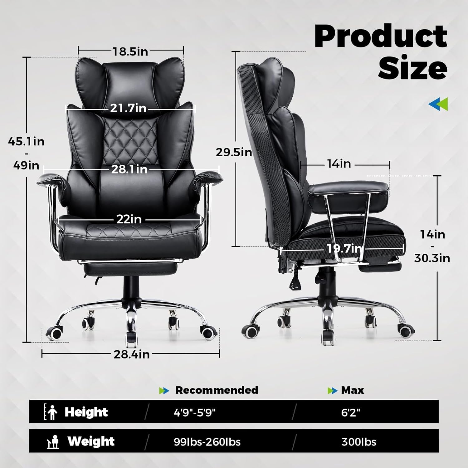 Big and Tall Office Chair, High Back Leather Gaming Chair with Footrest, Executive Ergonomic Office Chair with Pocket Spring Lumbar Support and with Outward Fixed Soft Armrests