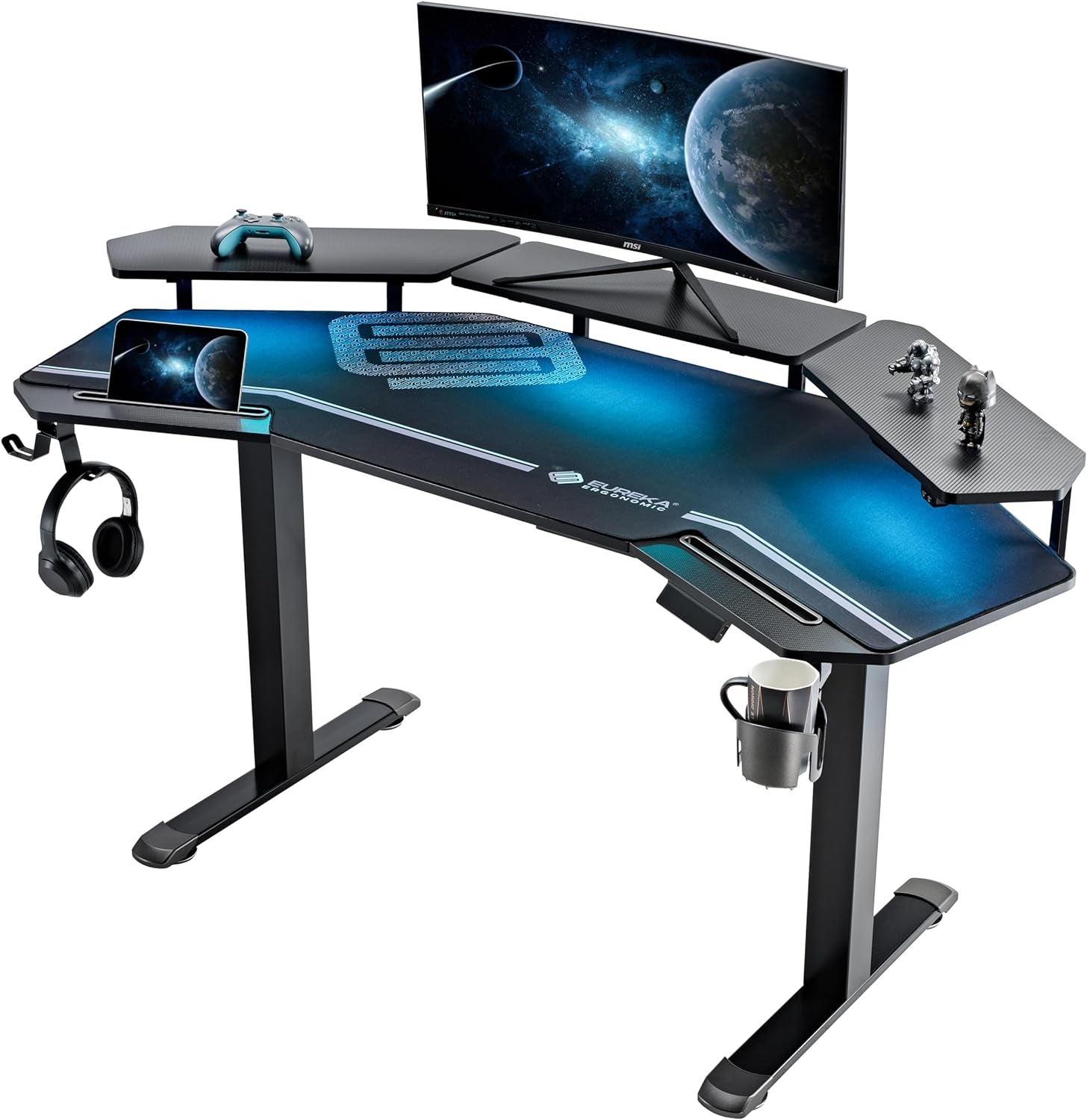 Gaming Desk Adjustable Height Standing Desk 63" Wing Shaped Music Studio Table Workstation W Full Coverage Mousepad, 3 Stands, Dual Headphone/Cup Holder, Ipad-Slot