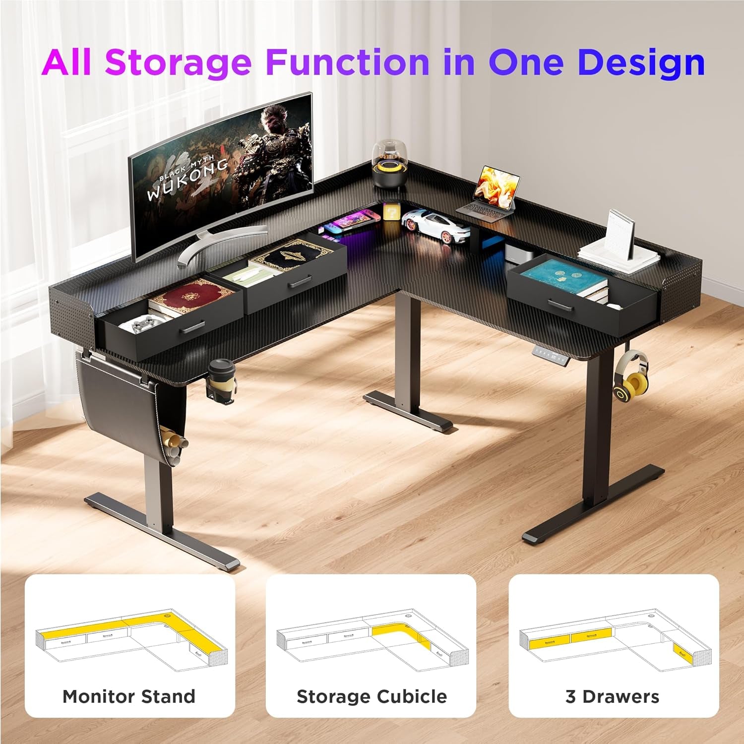 63 Inches Height Adjustable L Shaped Standing Desk with 3 Drawers and Monitor Shelf, Electric Corner Comupter Desk, Sit Stand up Home Office Desk, Ergonomic Gaming Desk, Black