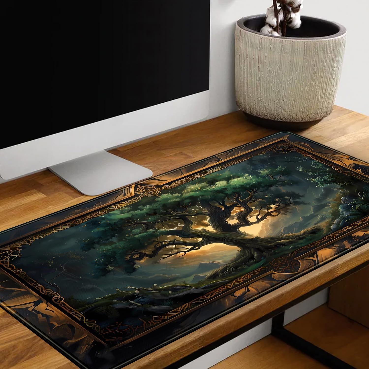 Mystical Green Tree Large Gaming Mouse Pad Forest Tree of Life Deskpad Mat XXL Extended Gaming Desk Large Mousepad Computer Laptop Keyboard and Mouse Mat, Office Desk Decor Pad 31.5X15.8 In