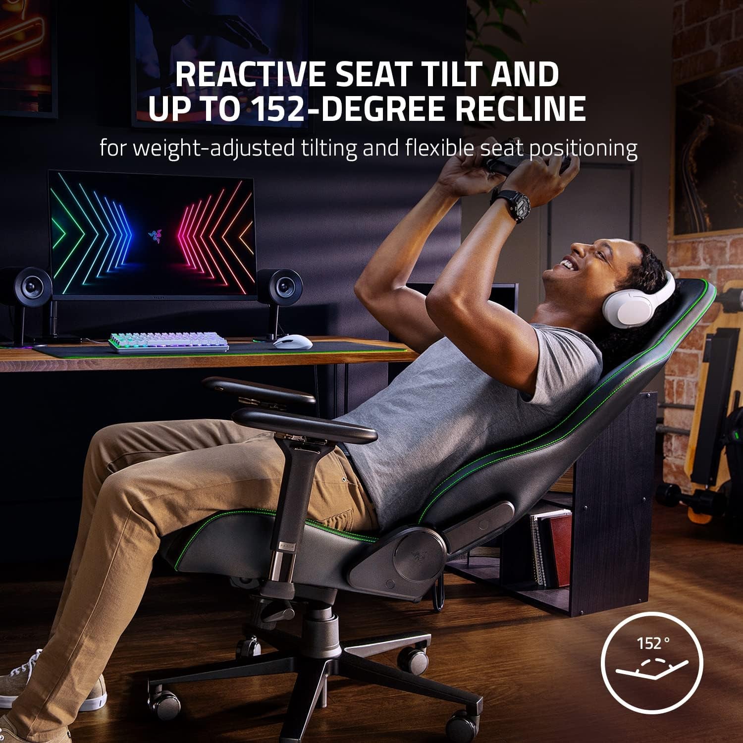 Enki Gaming Chair: All-Day Comfort - Built-In Lumbar Arch - Optimized Cushion Density - Dual-Textured, Eco-Friendly Synthetic Leather - Reactive Seat Tilt & 152-Degree Recline - Black/Green