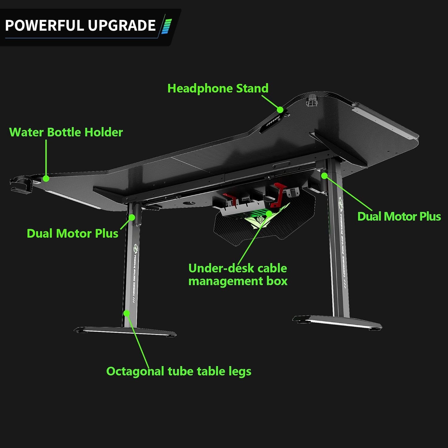 72" Standing Gaming Desk with Dual Motor, Wing-Shaped Computer Desk with Full Coverage Mouse Pad, Electric Height Adjustable Standing Desk with RGB LED Lights and Slot Design Shelves