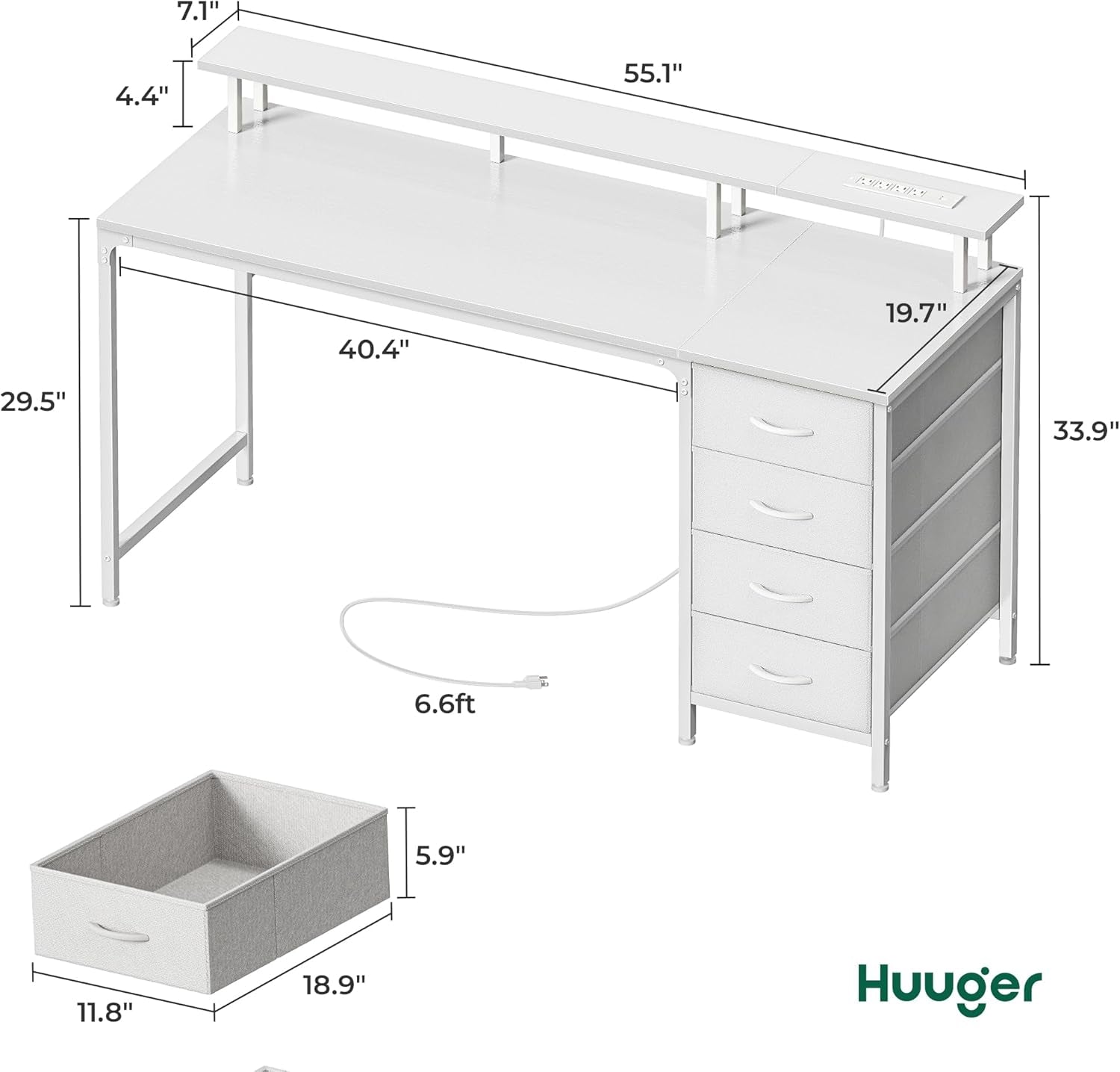 55 Inch Computer Desk with Power Outlets and LED Lights, Gaming Desk with 4 Drawers, Office Desk with Monitor Stand, Study Work Home Office, White