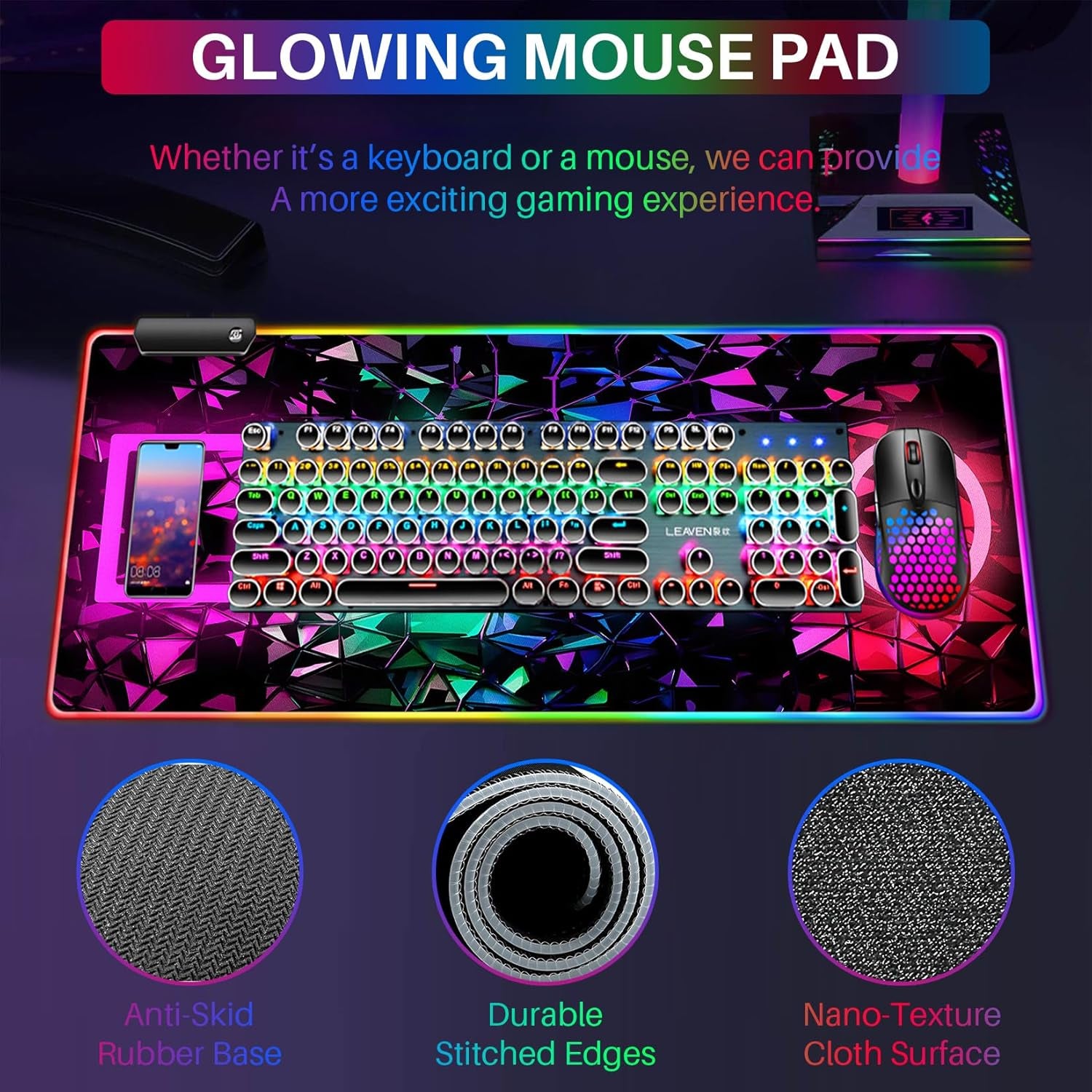 XL RGB Gaming Mouse Pad with 14 Light Modes - Light up Gamer Mouse Pad,31.5 X 11.8In Non-Slip 4 Keys Style Led Large Gamer Mousepad, Black Long Glowing Gaming Accessories for Desk, Waterproof