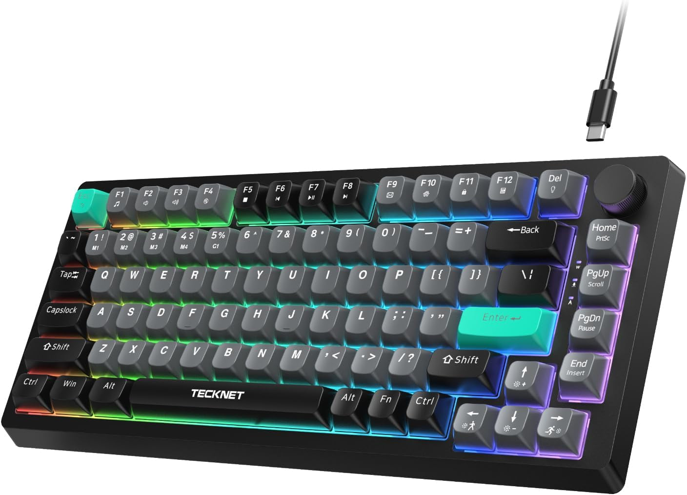 Gaming Keyboard, 75% Wired Keyboard, RGB Backlit, 82-Keys with Volume Knob Control, 26 Keys Anti-Ghosting, Whisper Quiet Gaming Switch Travel Friendly for Windows Laptop PC Mac-Grey