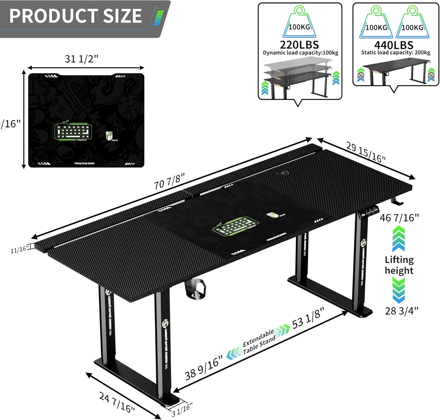 71" X 30" Gaming Standing Desk, 4-Leg Electric Height Adjustable, Sit to Stand Desk with LED Light and Locking Wheels, Flip-Top Design, Ergonomic Computer Desk, Carbon Fiber Texture