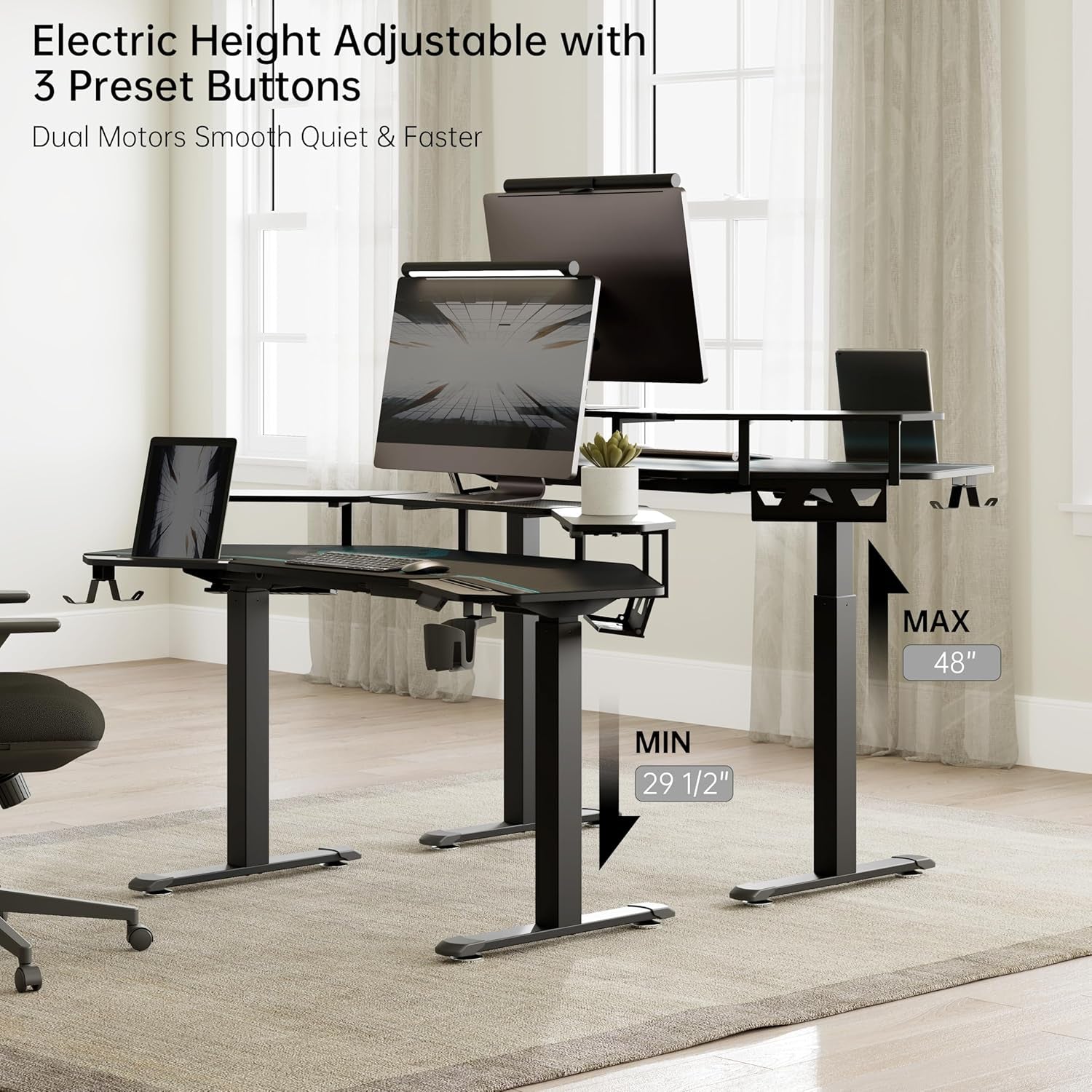 Gaming Desk Adjustable Height Standing Desk 63" Wing Shaped Music Studio Table Workstation W Full Coverage Mousepad, 3 Stands, Dual Headphone/Cup Holder, Ipad-Slot