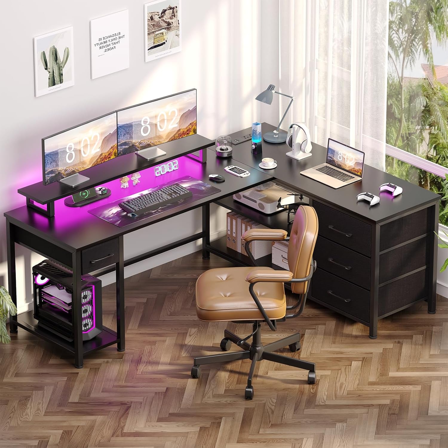 61" L Shaped Computer Gaming Desk with USB Charging Ports and LED Lights, Reversible Corner Desk with Drawers, Home Office Desk with Storage Shelves, Black
