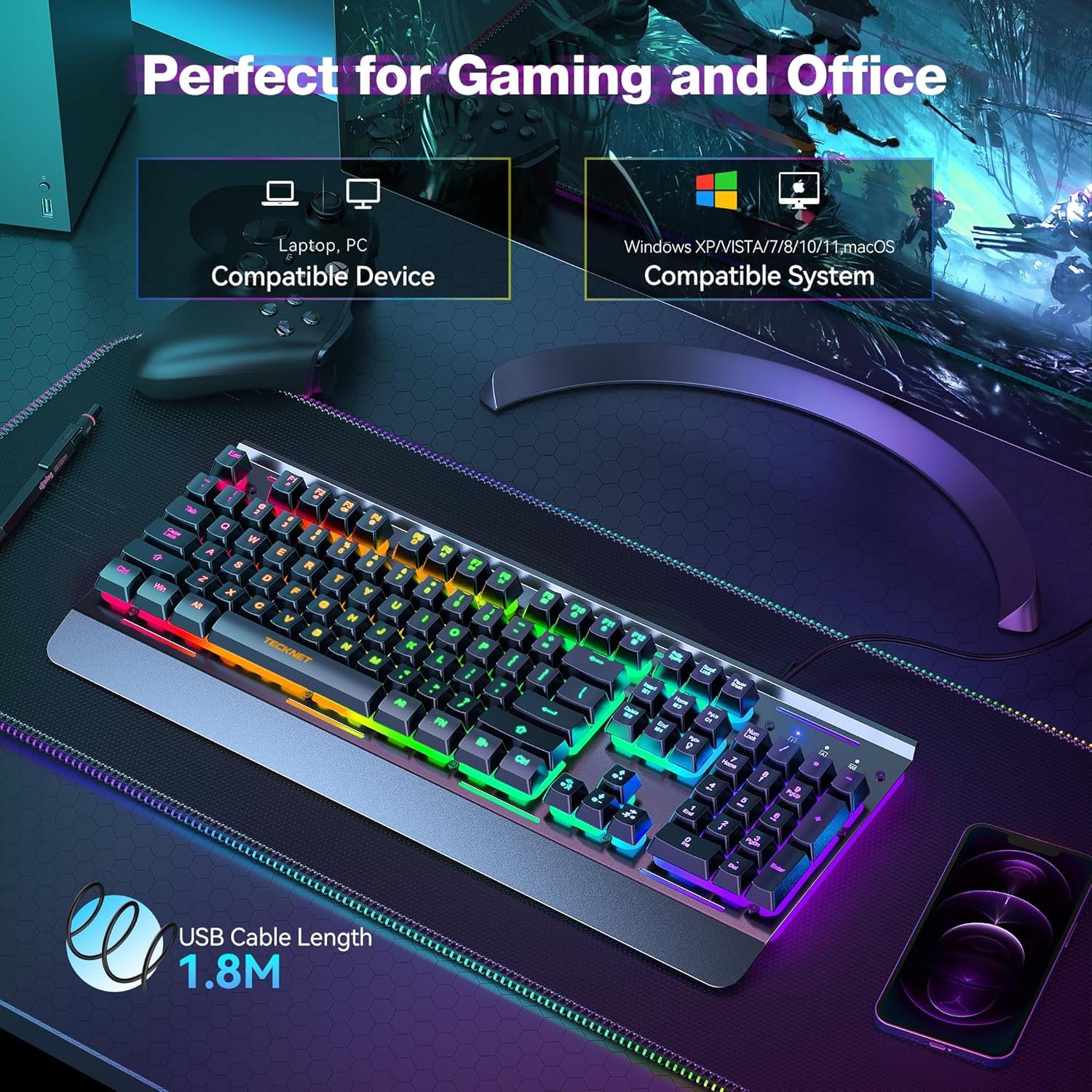 Gaming Keyboard, USB Wired Computer Keyboard, 15-Zone RGB Illumination, IP32 Water Resistance, 25 Anti-Ghosting Keys, All-Metal Panel (Whisper Quiet Gaming Switch)