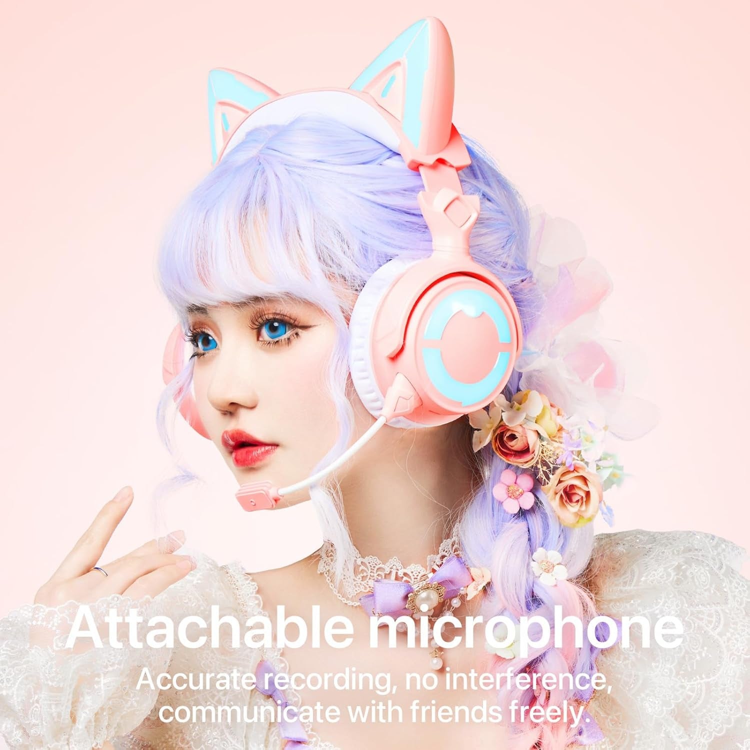 RGB Cat Ear Headphone 4, Upgraded Wireless & Wired Gaming Headset with Attachable HD Microphone -Active Noise Reduction, Dual-Channel Stereo & Customizable Lighting and Effect via APP (Pink)