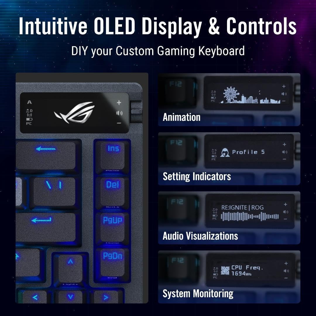 ROG Azoth 75 Wireless DIY Custom Gaming Keyboard, OLED Display, Gasket-Mount, Three-Layer Dampening, Hot-Swappable Pre-Lubed ROG NX Snow Switches & Keyboard Stabilizers, PBT Keycaps, RGB
