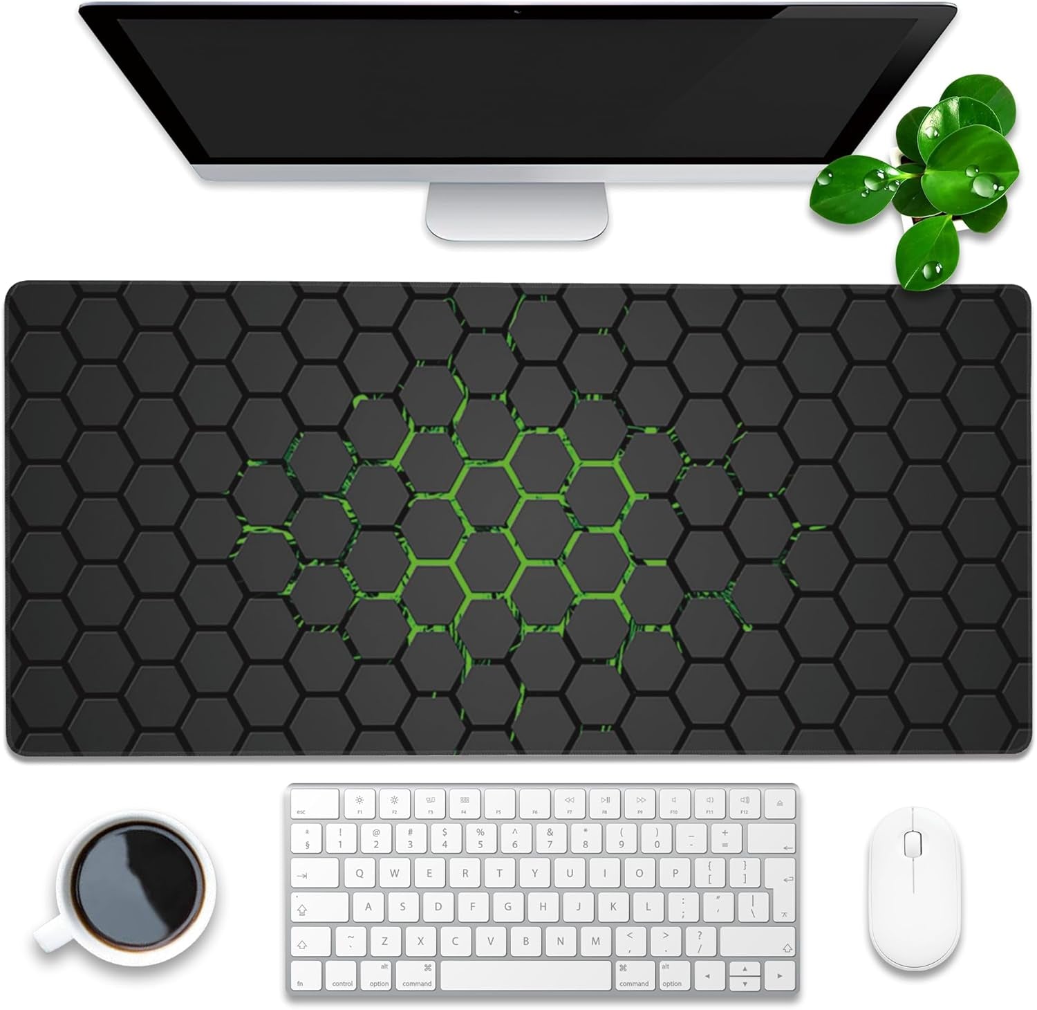 Desk Pad, Green Honeycomb Science Technology Extended Gaming Mouse Pad Large, 35.4"X15.7" Big Mouse Pad with Non-Slip Base and Stitched Edge, Long Computer Keyboard Mouse Mat for Home Office Work