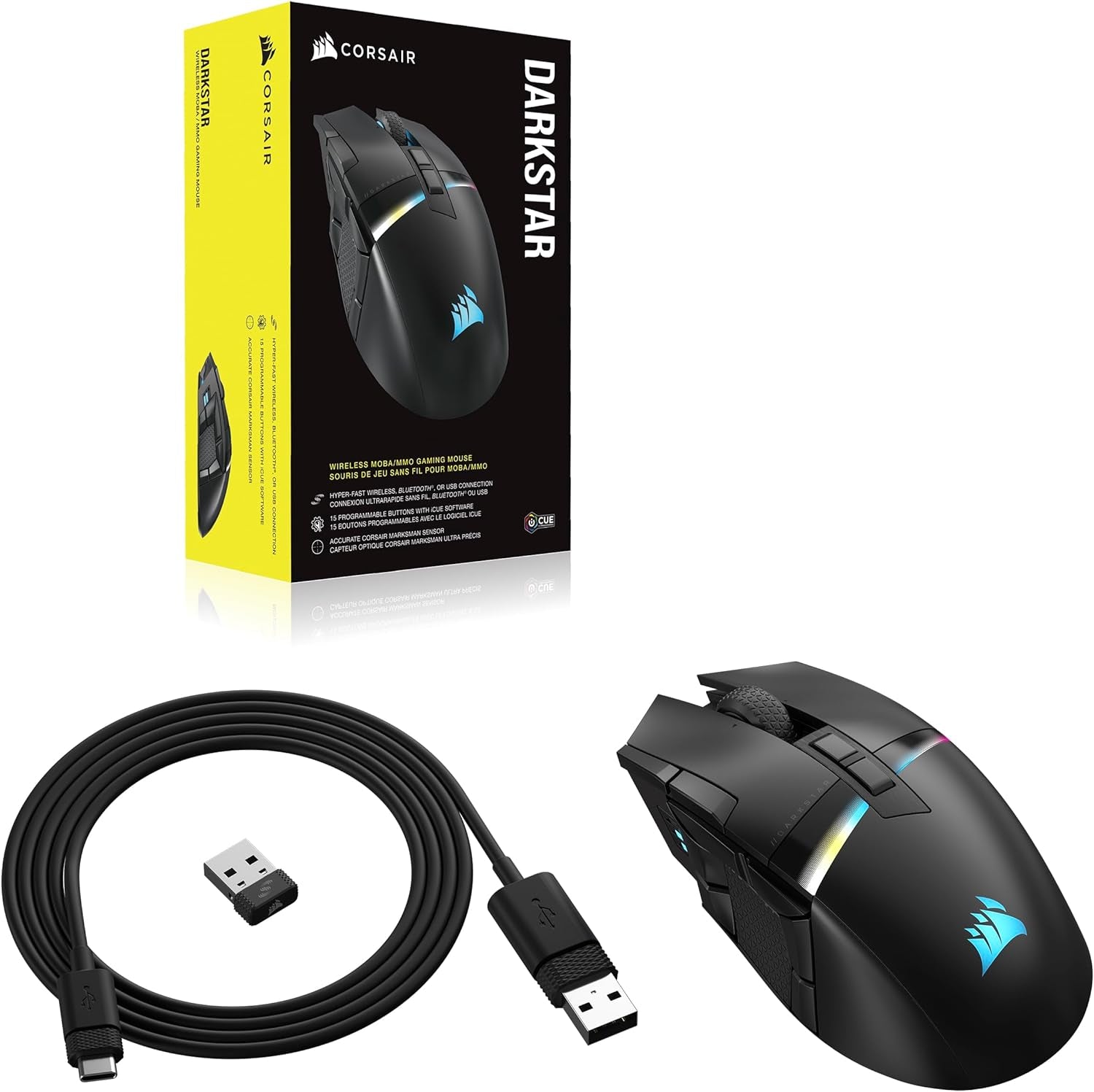 DARKSTAR RGB Wireless Gaming Mouse for MMO, MOBA - 26,000 DPI - 15 Programmable Buttons - up to 80Hrs Battery - Icue Compatible - Black