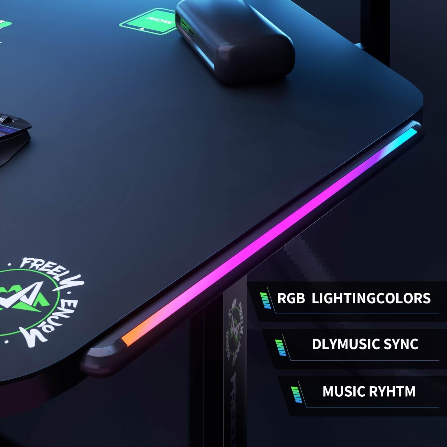 72" Standing Gaming Desk with Dual Motor, Wing-Shaped Computer Desk with Full Coverage Mouse Pad, Electric Height Adjustable Standing Desk with RGB LED Lights and Slot Design Shelves