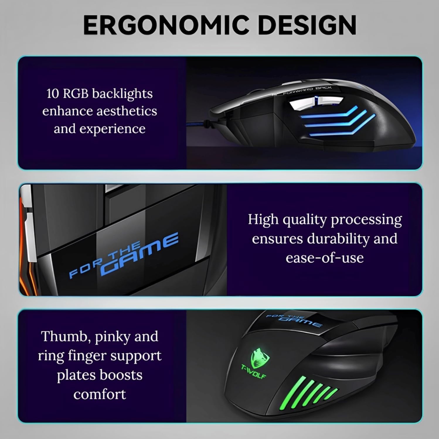 Nexurion Reaper Z Pro Gaming Mouse - 3600 DPI, 7 Macro Buttons, 10 Color-Changing RGB Backlight, 4 Adjustable DPI Levels - Midnight Black