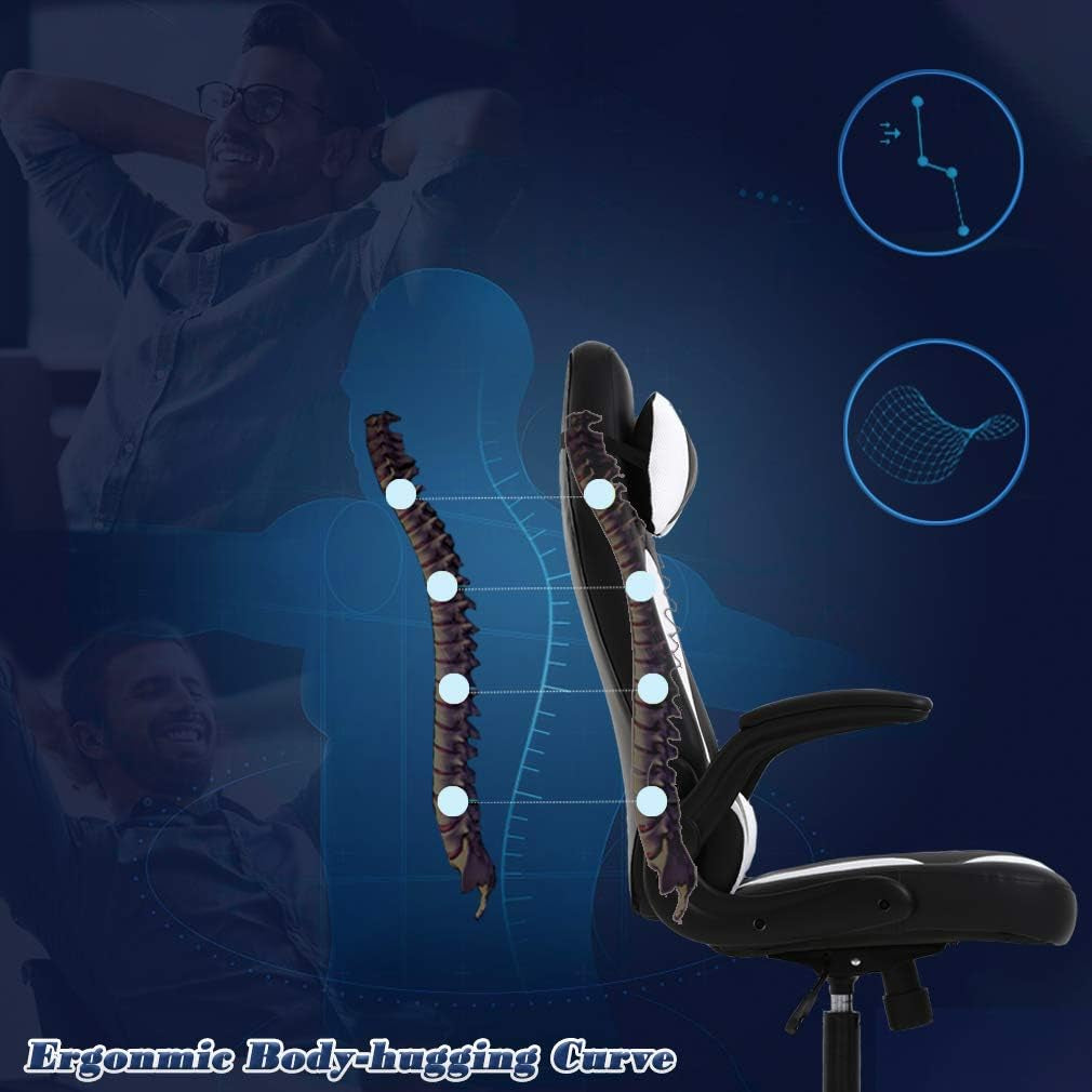 PC Gaming Chair Ergonomic Office Chair Desk Chair with Lumbar Support Flip up Arms Headrest PU Leather Executive High Back Computer Chair for Adults Women Men (White)