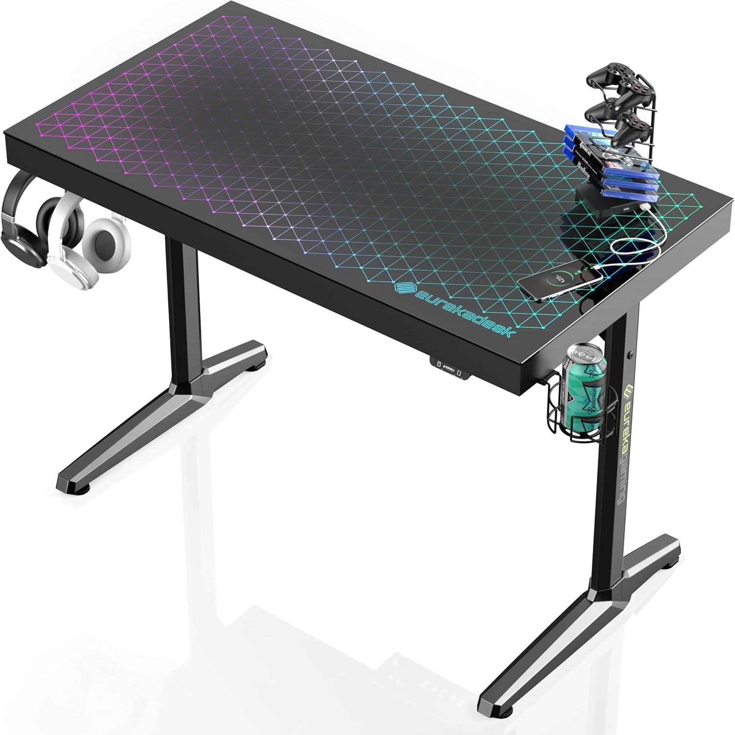 RGB LED Gaming Desk, Music Sync Lights up Tempered Glass Desktop, 43" GTG I43 Home Office Computer Table W Controller Rack 4 USB Charging Ports, APP Control