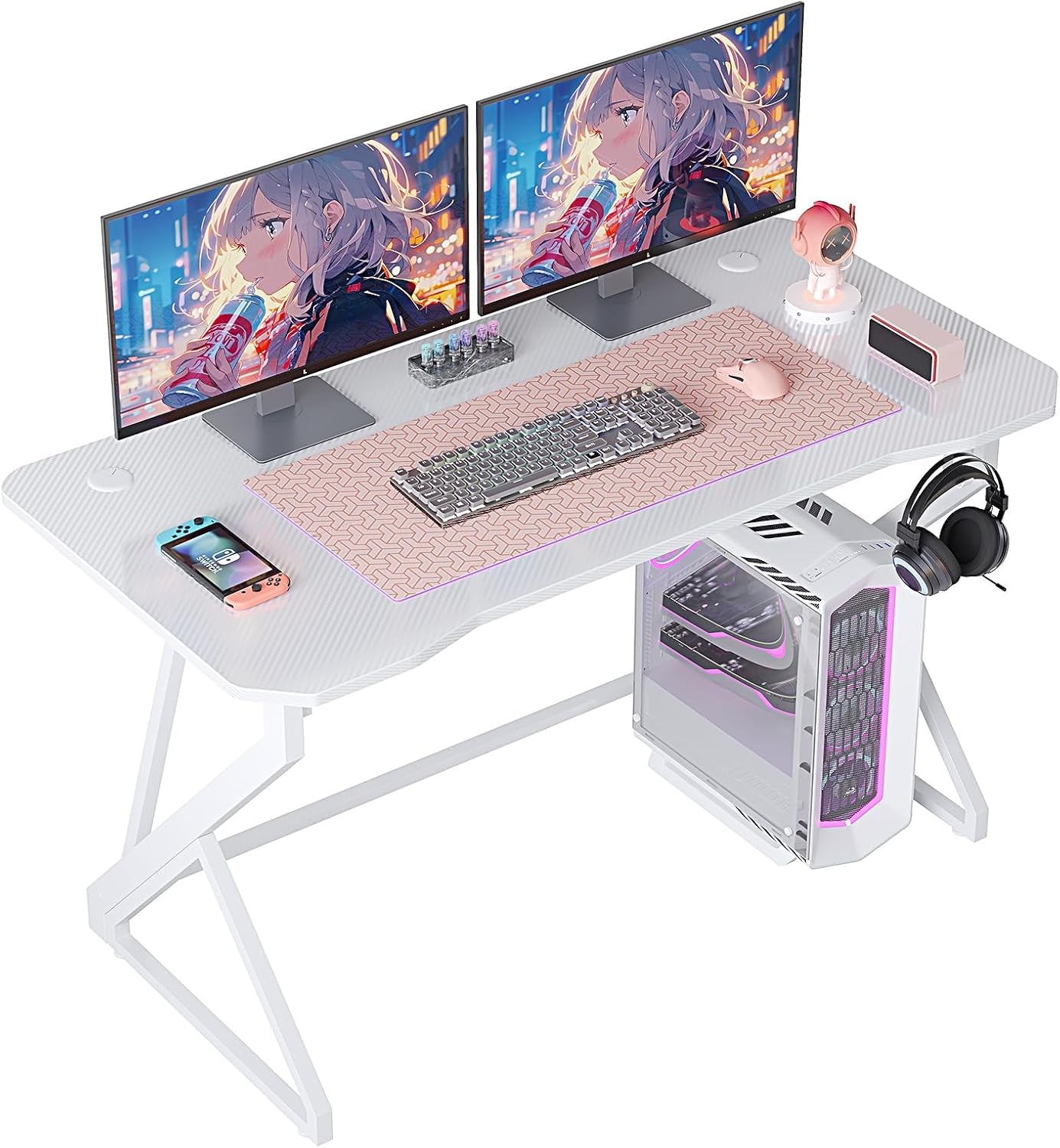 Gaming Desk Z Shaped 40 Inch Gamer Workstation, Home Computer Carbon Fiber Surface Gaming Desk PC Table with Headphone Hook, Carbon Fiber White