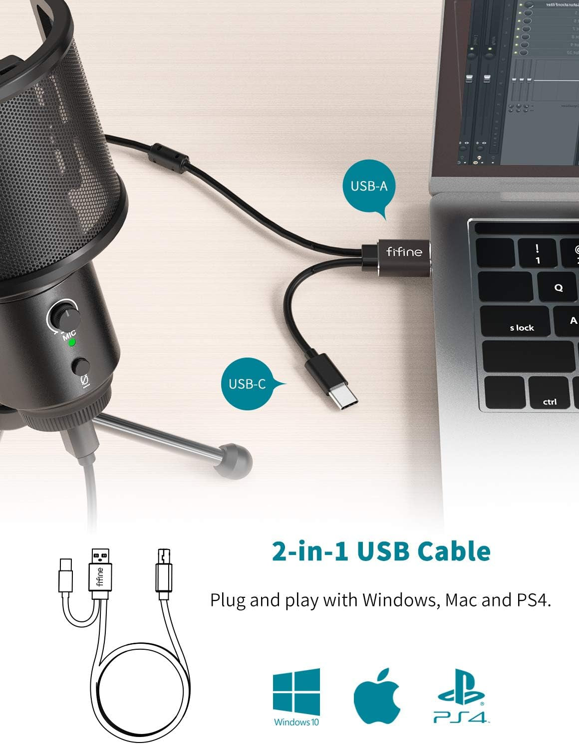 USB Desktop PC Microphone with Pop Filter for Computer and Mac, Studio Condenser Mic with Gain Knob Mute Button Headphone Jack for Gaming Streaming Recording Youtube, Extra USB-C Plug-K683A