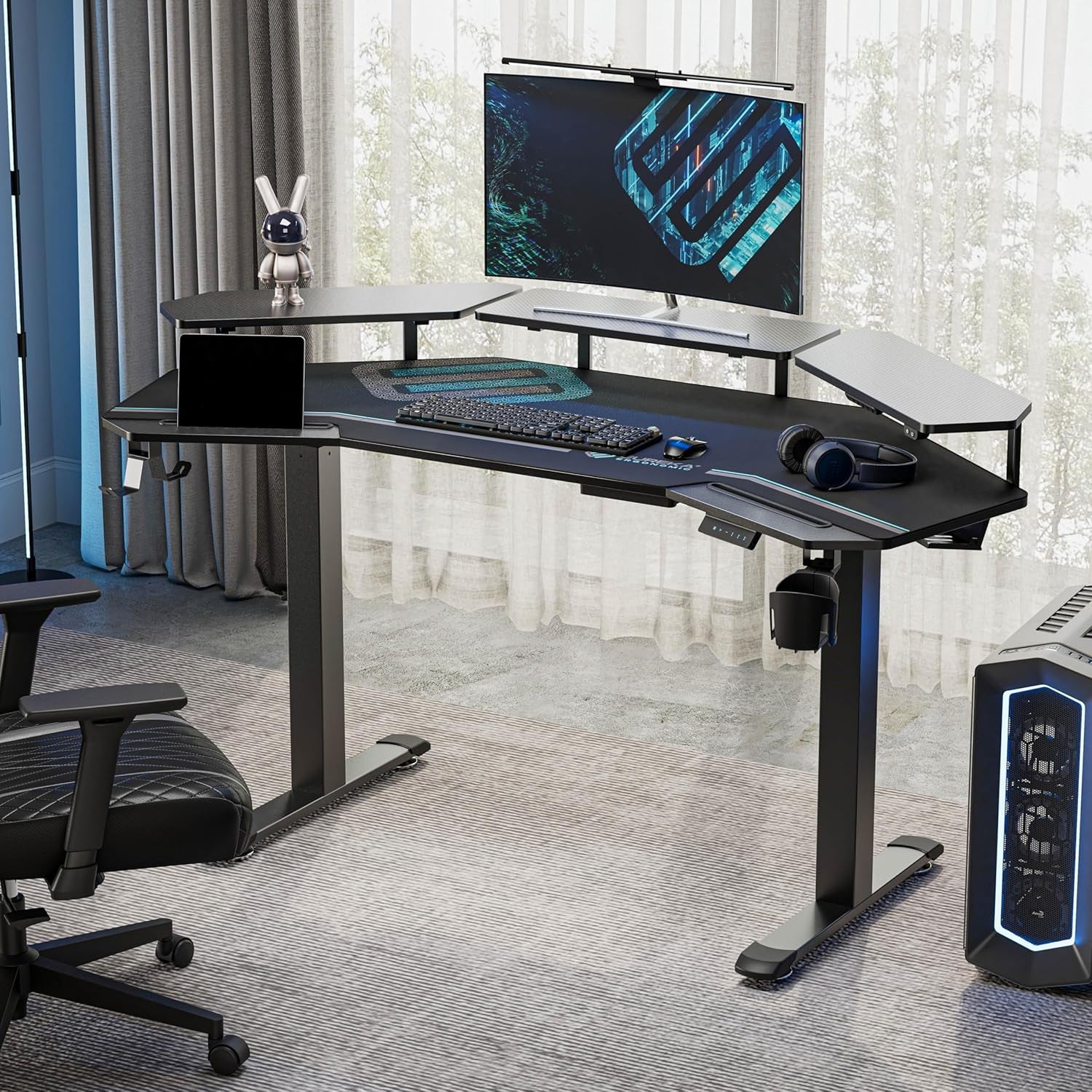 Gaming Desk Adjustable Height Standing Desk 63" Wing Shaped Music Studio Table Workstation W Full Coverage Mousepad, 3 Stands, Dual Headphone/Cup Holder, Ipad-Slot
