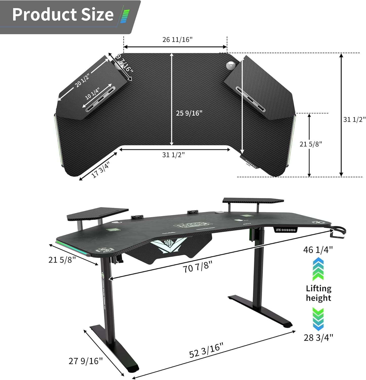 72" Standing Gaming Desk with Dual Motor, Wing-Shaped Computer Desk with Full Coverage Mouse Pad, Electric Height Adjustable Standing Desk with RGB LED Lights and Slot Design Shelves