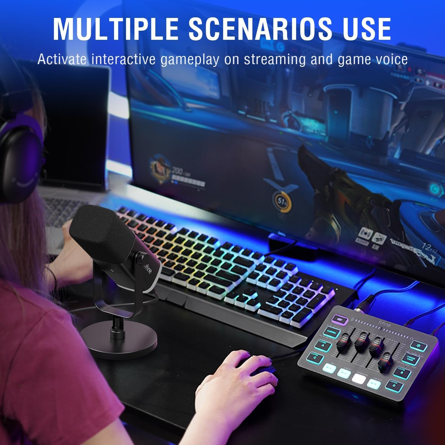 Gaming Equipment Bundle, Dynamic XLR/USB Gaming Microphone Set with Streaming Audio Mixer for Podcast Recording Video Vocal, RGB Gamer Set with Volume Fader/Xlr Interface for Pc-Ampligame KS5
