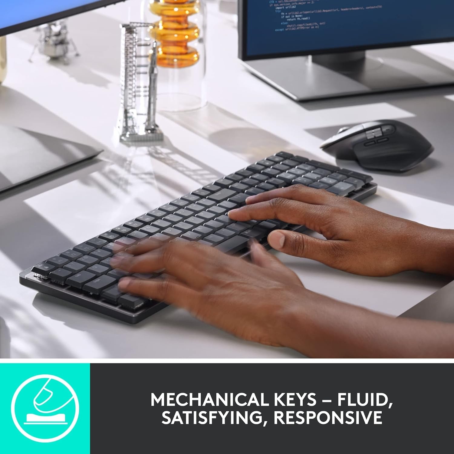 MX Mechanical Wireless Illuminated Performance Keyboard, Tactile Quiet Switches, Backlit Keys, Bluetooth, USB-C, Macos, Windows, Linux, Ios, Android, Metal, ‎Graphite