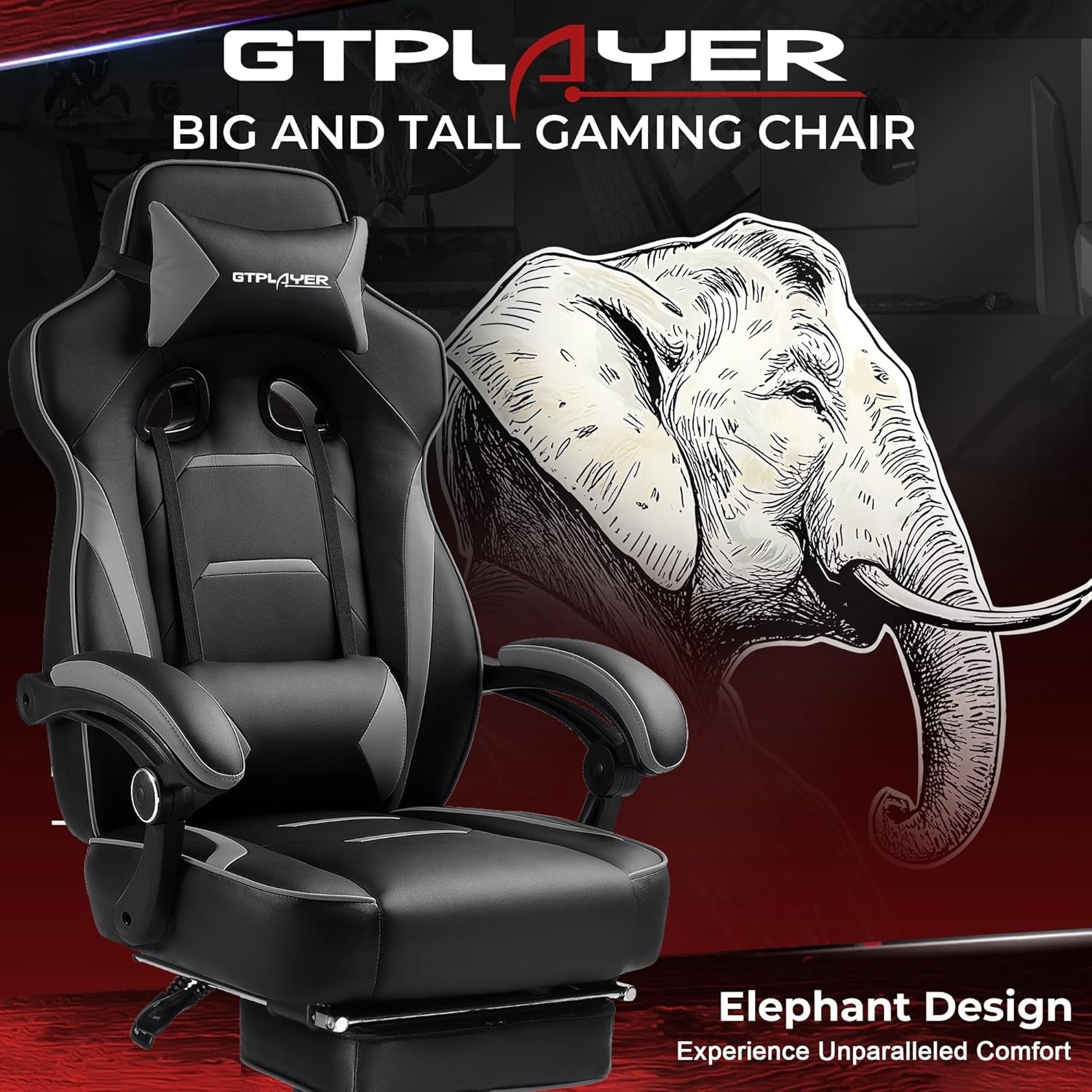 Gaming Chair with Footrest, Big and Tall Computer Game Chair 350Lb Racing Style, Ergonomic High Back Lumbar Support and Recliner, Moon Gray