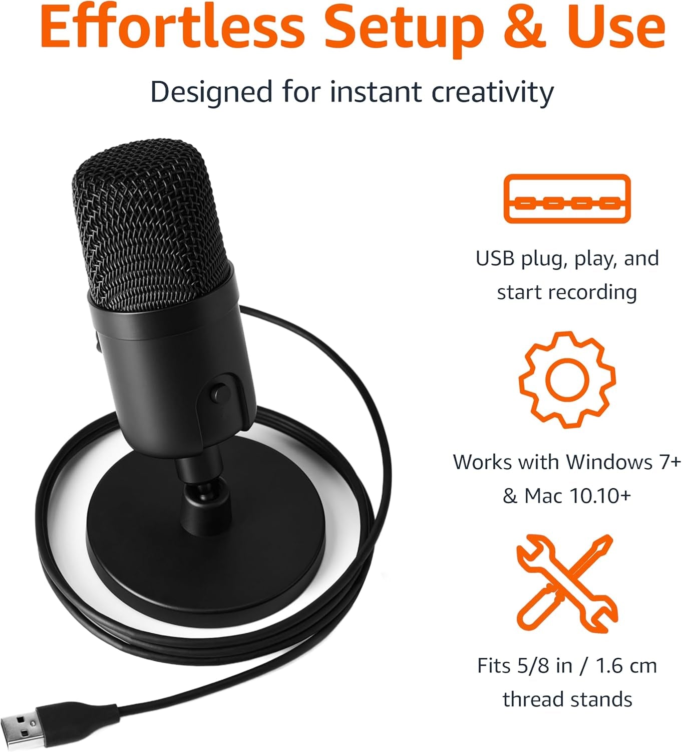 USB Condenser Microphone for Streaming, Recording, and Podcasting on PC, Plug and Play, Cardioid Pickup, Adjustable Stand with 360° Rotation, 5.8 X 3.4 Inches, Black