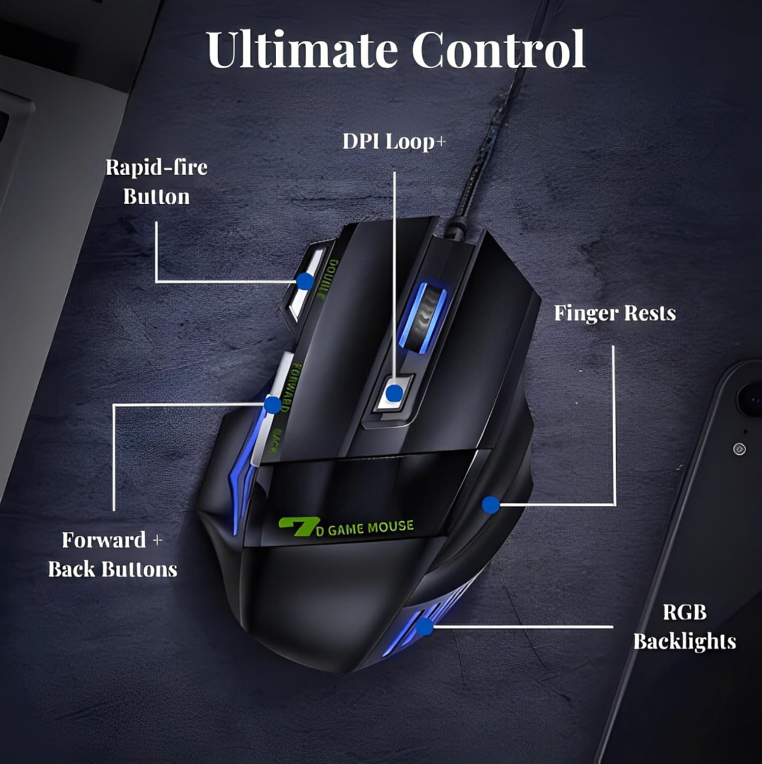 Nexurion Reaper Z Pro Gaming Mouse - 3600 DPI, 7 Macro Buttons, 10 Color-Changing RGB Backlight, 4 Adjustable DPI Levels - Midnight Black