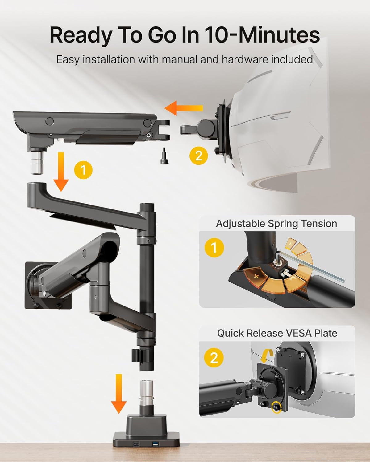 Sleek Aluminum Monitor Arm for 17–57” Ultrawide Screens up to 59 Lbs, USB 3.0 A/C, Heavy Duty Dual Monitor Arm Desk Mount, Pneumatic Lift, Quick-Release Plate, Clamp/Grommet, Max VESA 100X100