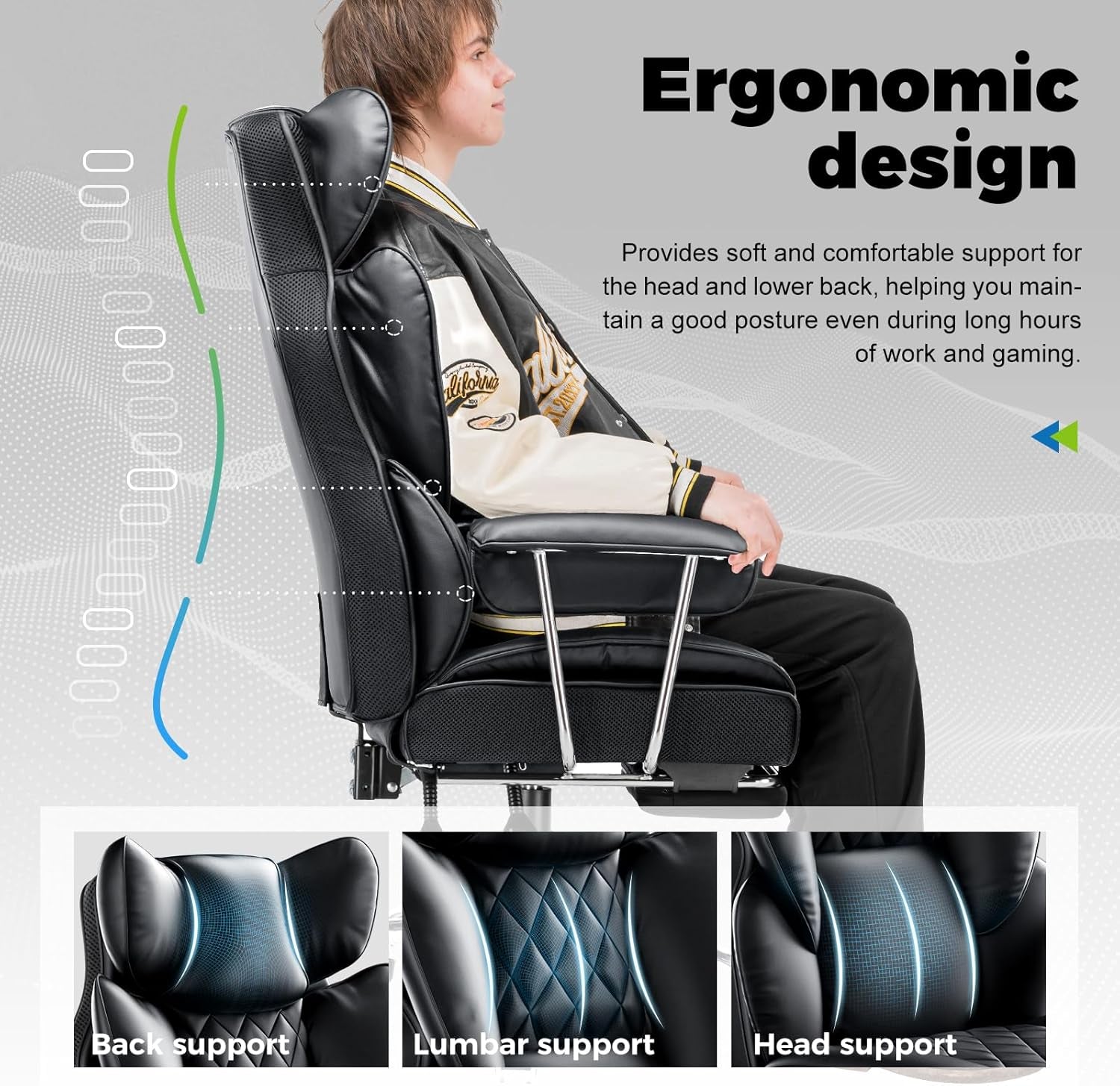 Big and Tall Office Chair, High Back Leather Gaming Chair with Footrest, Executive Ergonomic Office Chair with Pocket Spring Lumbar Support and with Outward Fixed Soft Armrests