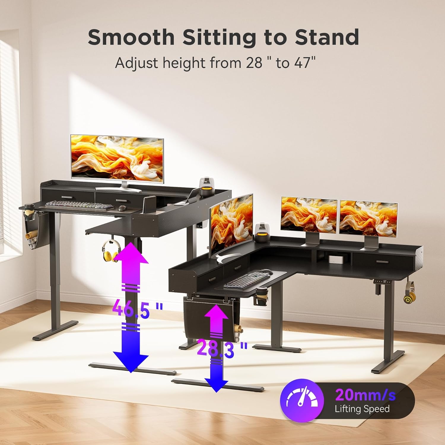 63 Inches Height Adjustable L Shaped Standing Desk with 3 Drawers and Monitor Shelf, Electric Corner Comupter Desk, Sit Stand up Home Office Desk, Ergonomic Gaming Desk, Black