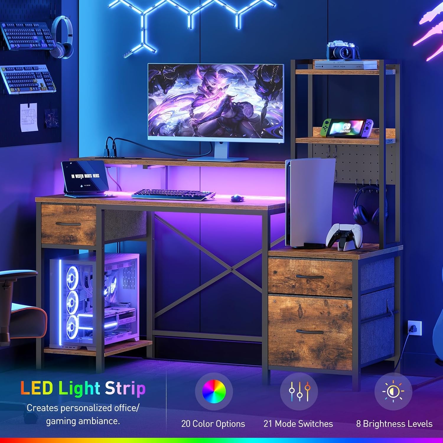 55" Gaming Desk with Power Outlet & LED Light, Computer Desk with Storage Shelves & Monitor Stand, Industrial Gaming Table with Fabric Drawers & Side Hook, Rustic Brown and Black
