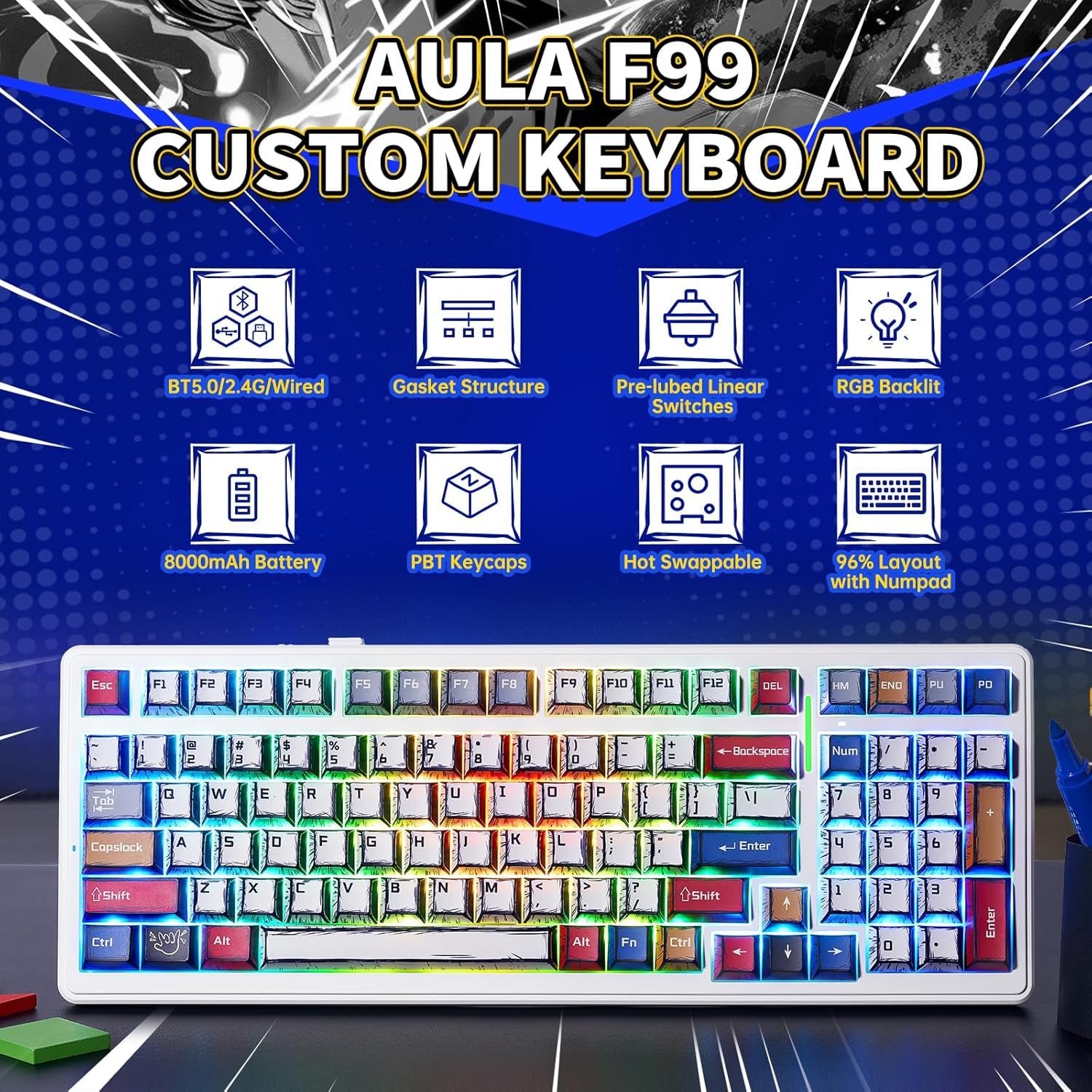 X  F99 Wireless Gaming Keyboard, Bluetooth Mechanical Keyboard Hot Swappable Custom Creamy Computer Keyboards, RGB Backlit, Tri-Mode Bt5.0/2.4Ghz/Usb-C, Gasket Structure, Pre-Lubed Linear Switches