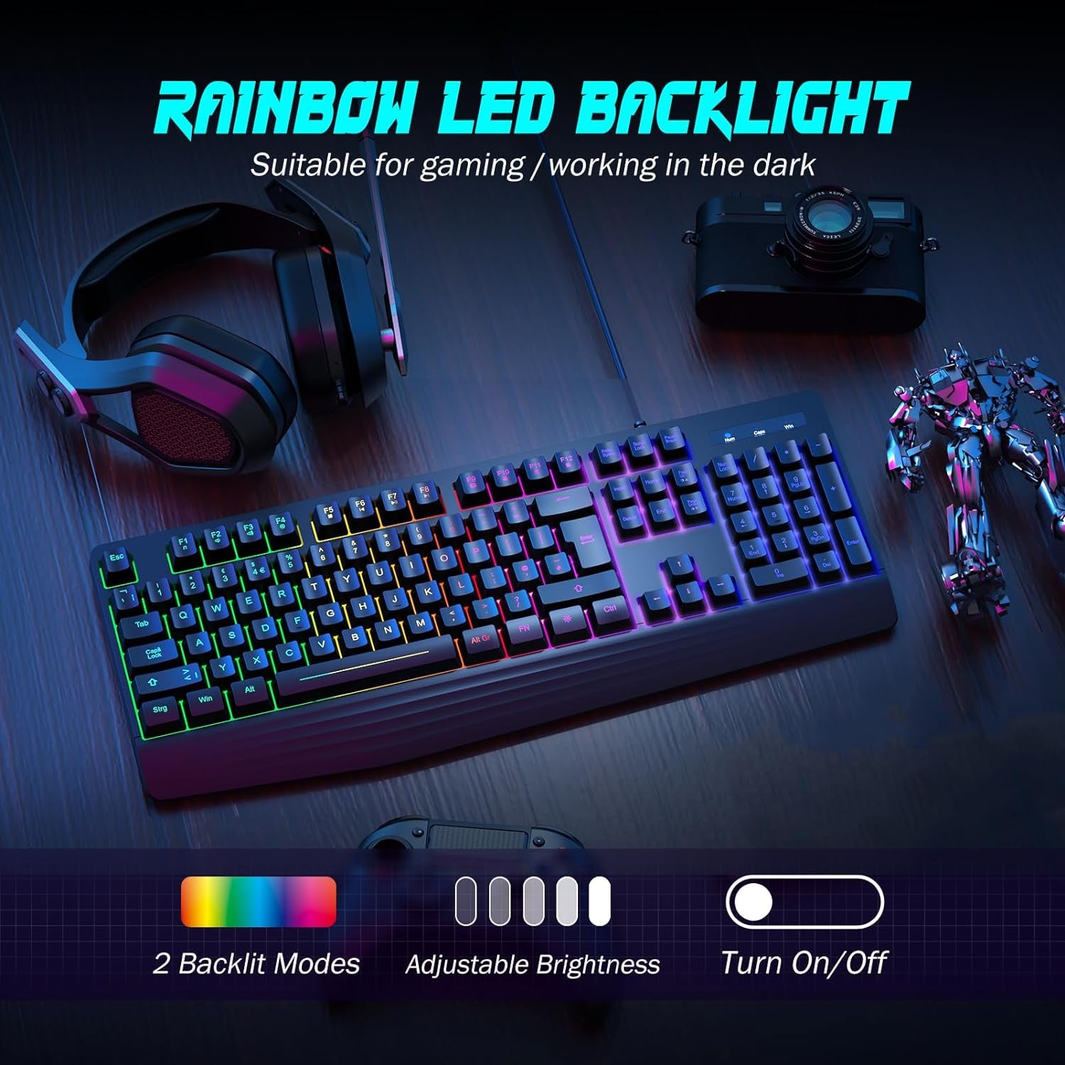 Gaming Keyboard, 7-Color Rainbow LED Backlit, 104 Keys Quiet Light up Keyboard, Wrist Rest, Whisper Silent, Anti-Ghosting Multimedia Keys, Waterproof USB Wired Keyboard for PC Mac Xbox