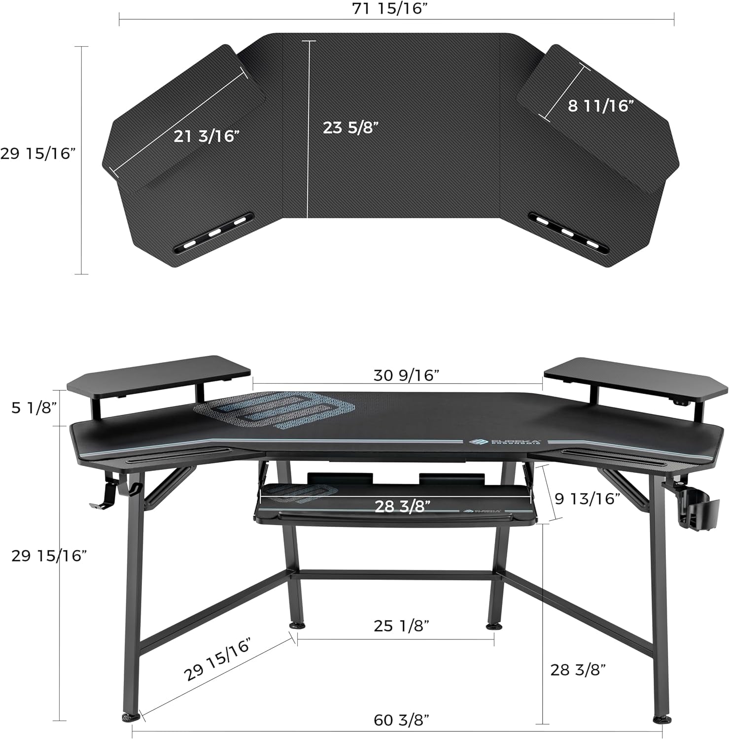 Aero Gaming Desk with Led Lights, 72" Large Wing-Shaped Studio Desk W Keyboard Tray Monitor Stand Dual Headphone Hanger Cup Holder for Live, Streamer