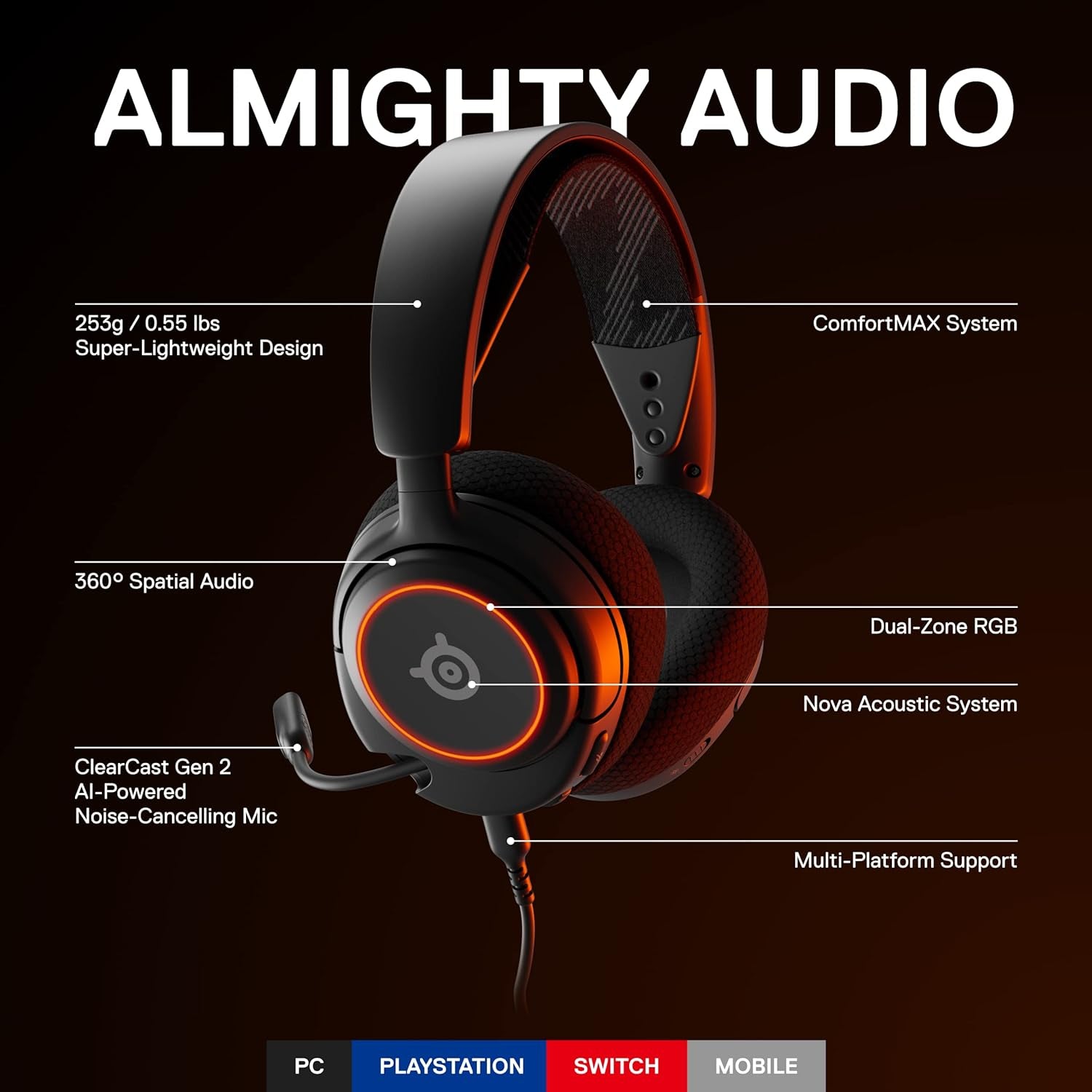 New Arctis Nova 3 Multi-Platform Gaming Headset - Signature Arctis Sound - Clearcast Gen 2 Mic - PC, PS5/PS4, Xbox Series X|S, Switch, Mobile,Black