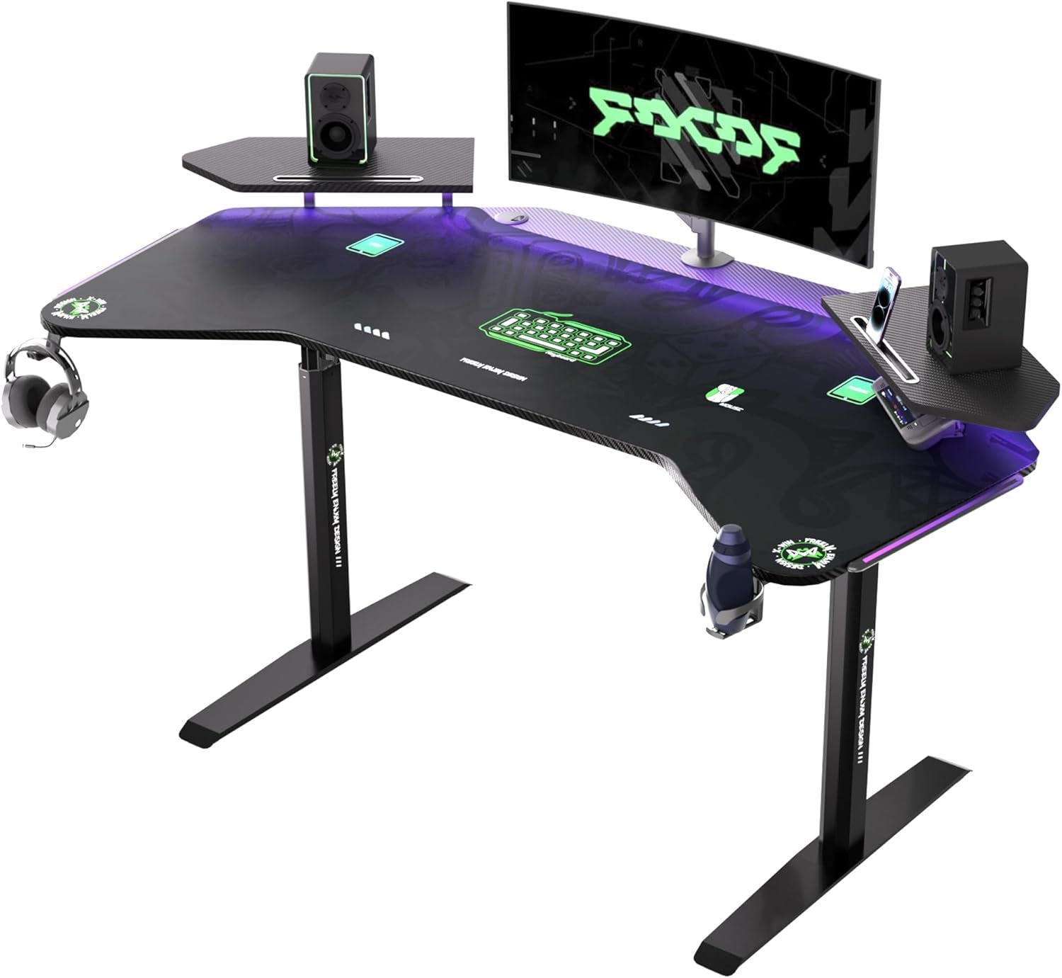 72" Standing Gaming Desk with Dual Motor, Wing-Shaped Computer Desk with Full Coverage Mouse Pad, Electric Height Adjustable Standing Desk with RGB LED Lights and Slot Design Shelves