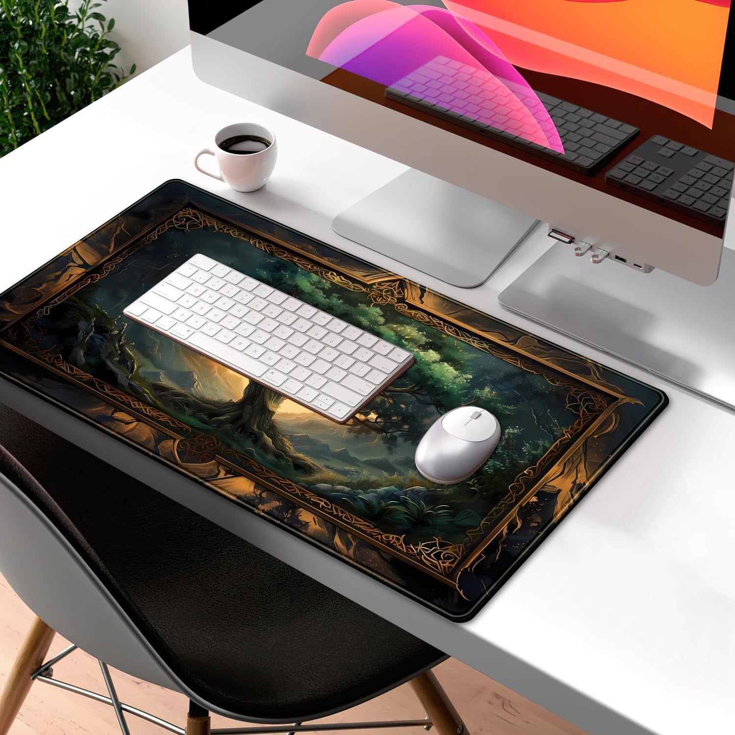 Mystical Green Tree Large Gaming Mouse Pad Forest Tree of Life Deskpad Mat XXL Extended Gaming Desk Large Mousepad Computer Laptop Keyboard and Mouse Mat, Office Desk Decor Pad 31.5X15.8 In