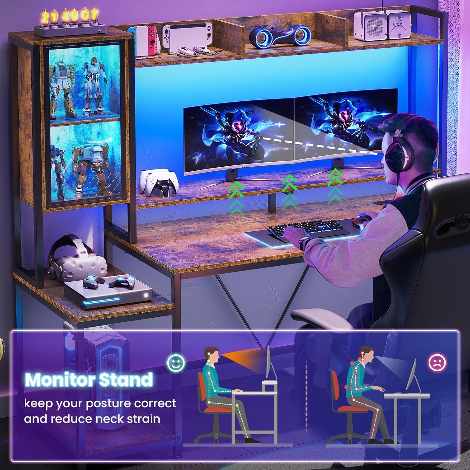 Gaming Desk, 60'' Gaming Desk with Hutch and LED Lights, Computer Desk with Storage Shelves, Large PC Gamer Desk with Display Cabinet, Monitor Stand, Power Outlet for Home Office, Rustic Brown