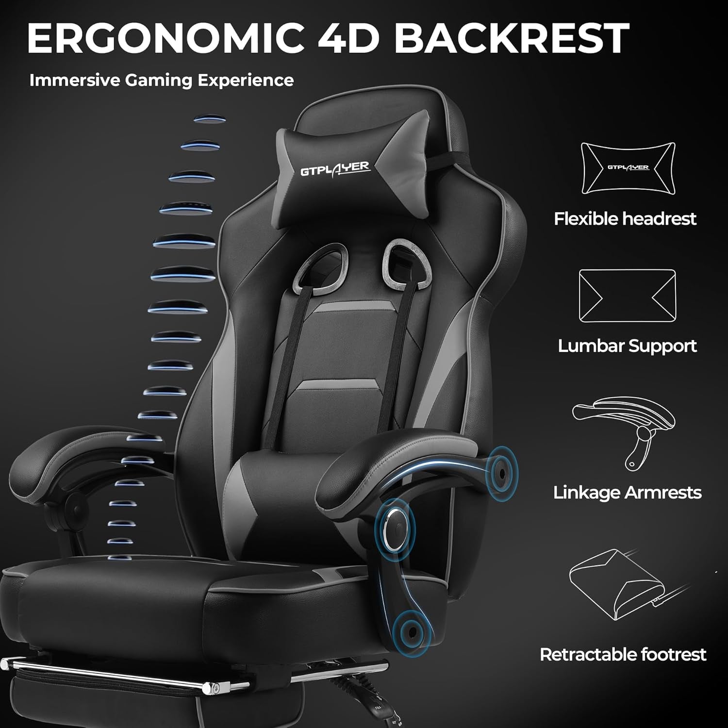 Gaming Chair with Footrest, Big and Tall Computer Game Chair 350Lb Racing Style, Ergonomic High Back Lumbar Support and Recliner, Moon Gray